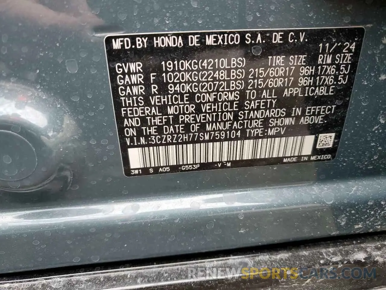 14 Photograph of a damaged car 3CZRZ2H77SM759104 HONDA HR-V 2025