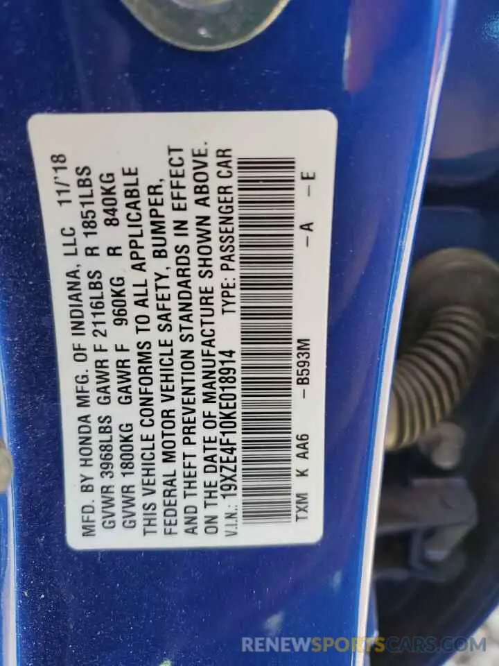 13 Photograph of a damaged car 19XZE4F10KE018914 HONDA INSIGHT 2019