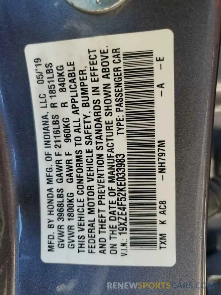 13 Photograph of a damaged car 19XZE4F52KE033983 HONDA INSIGHT 2019