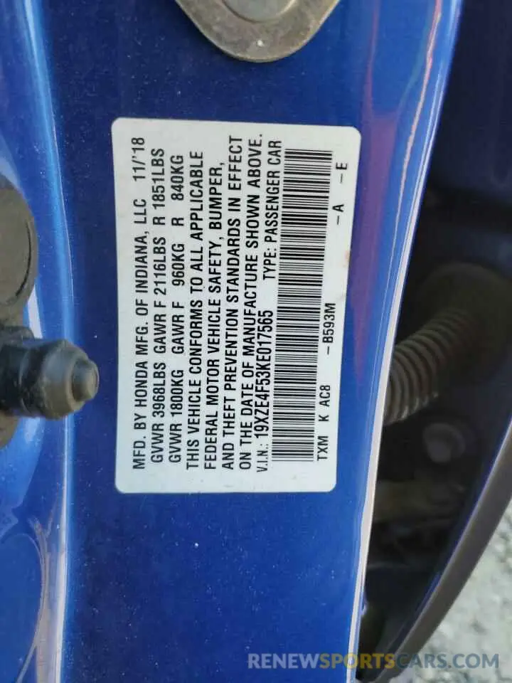 12 Photograph of a damaged car 19XZE4F53KE017565 HONDA INSIGHT 2019