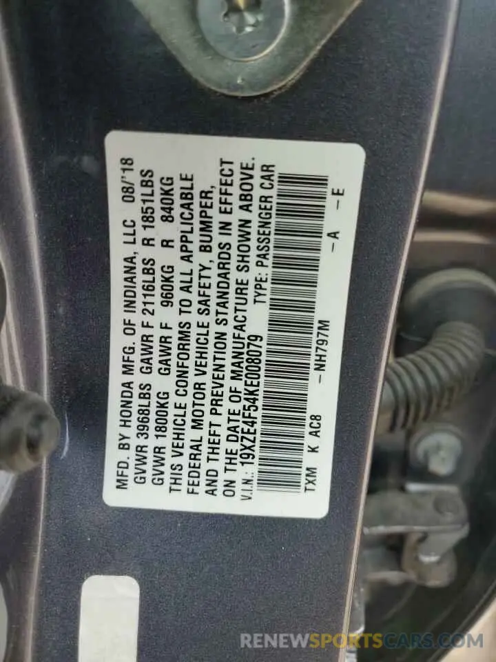 12 Photograph of a damaged car 19XZE4F54KE008079 HONDA INSIGHT 2019