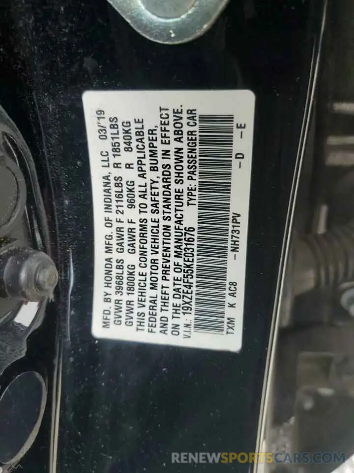 12 Photograph of a damaged car 19XZE4F55KE031676 HONDA INSIGHT 2019