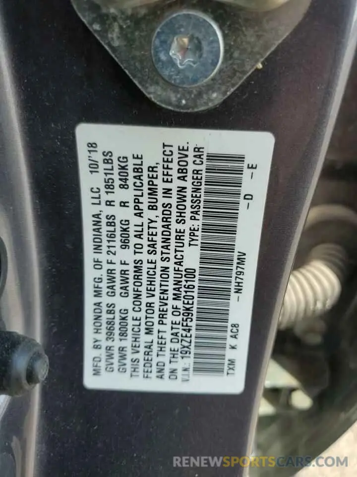12 Photograph of a damaged car 19XZE4F59KE016100 HONDA INSIGHT 2019