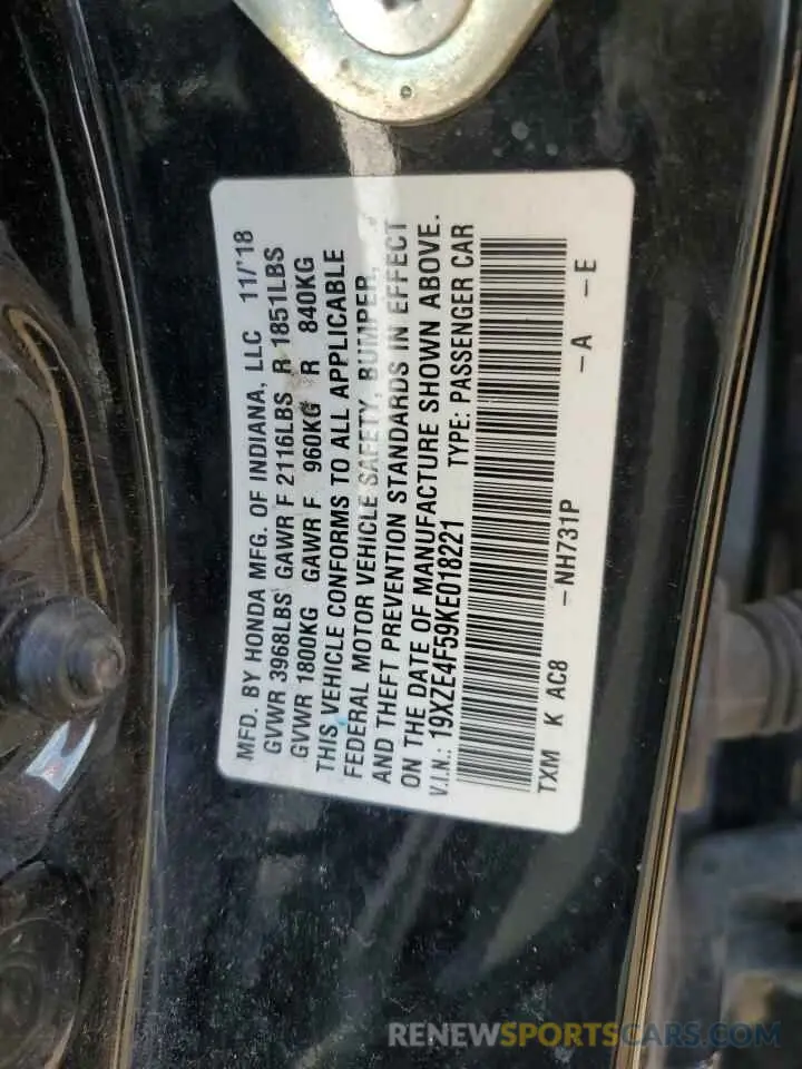12 Photograph of a damaged car 19XZE4F59KE018221 HONDA INSIGHT 2019