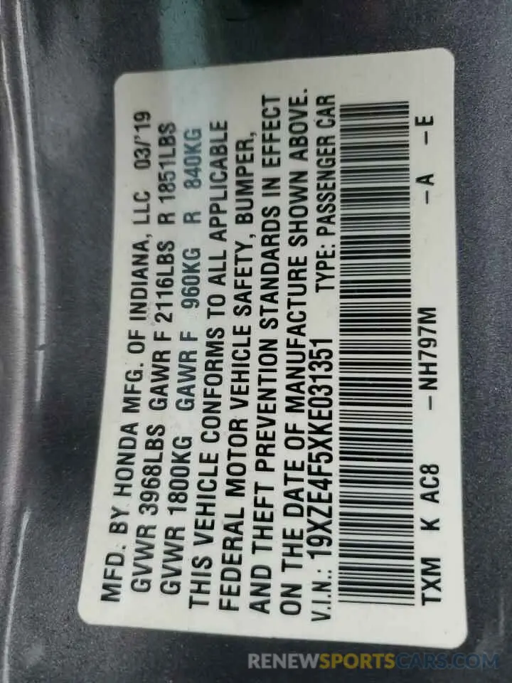 12 Photograph of a damaged car 19XZE4F5XKE031351 HONDA INSIGHT 2019