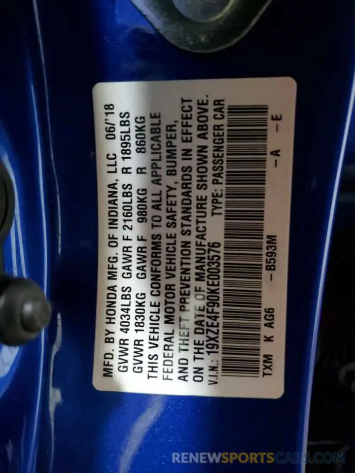 13 Photograph of a damaged car 19XZE4F90KE003576 HONDA INSIGHT 2019
