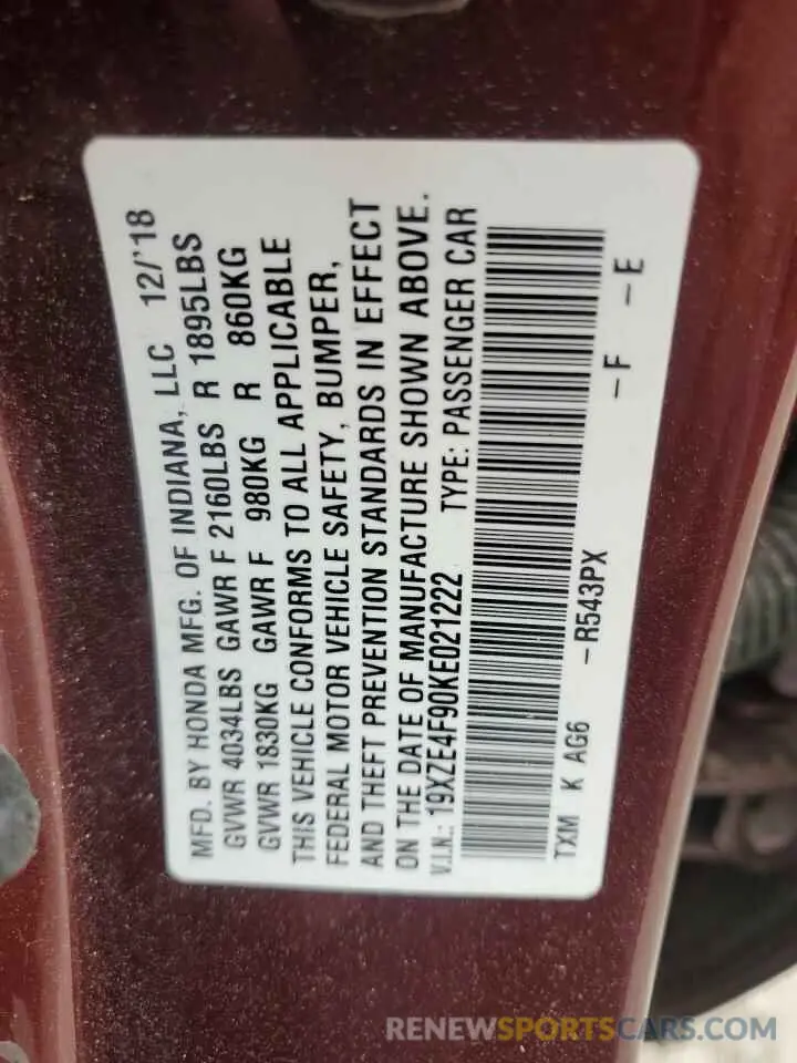 14 Photograph of a damaged car 19XZE4F90KE021222 HONDA INSIGHT 2019