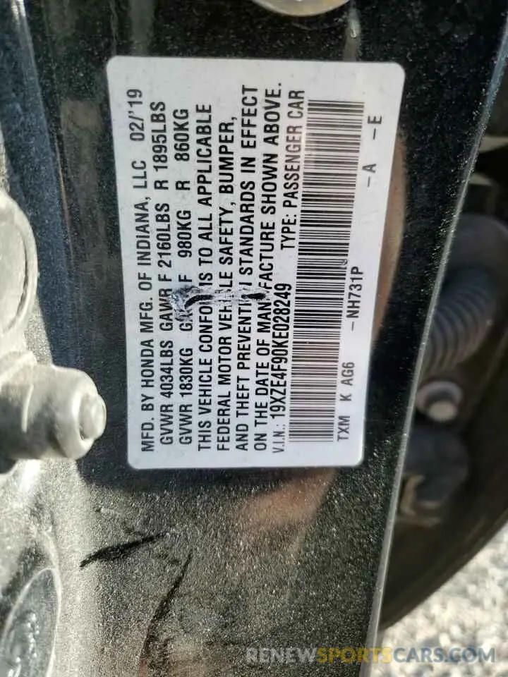 13 Photograph of a damaged car 19XZE4F90KE028249 HONDA INSIGHT 2019