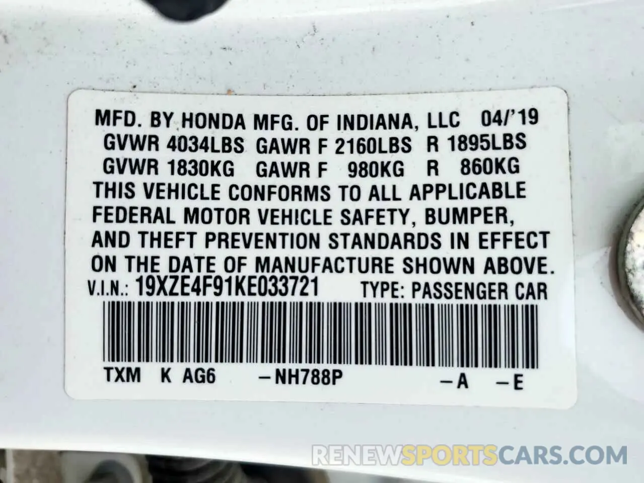 12 Photograph of a damaged car 19XZE4F91KE033721 HONDA INSIGHT 2019