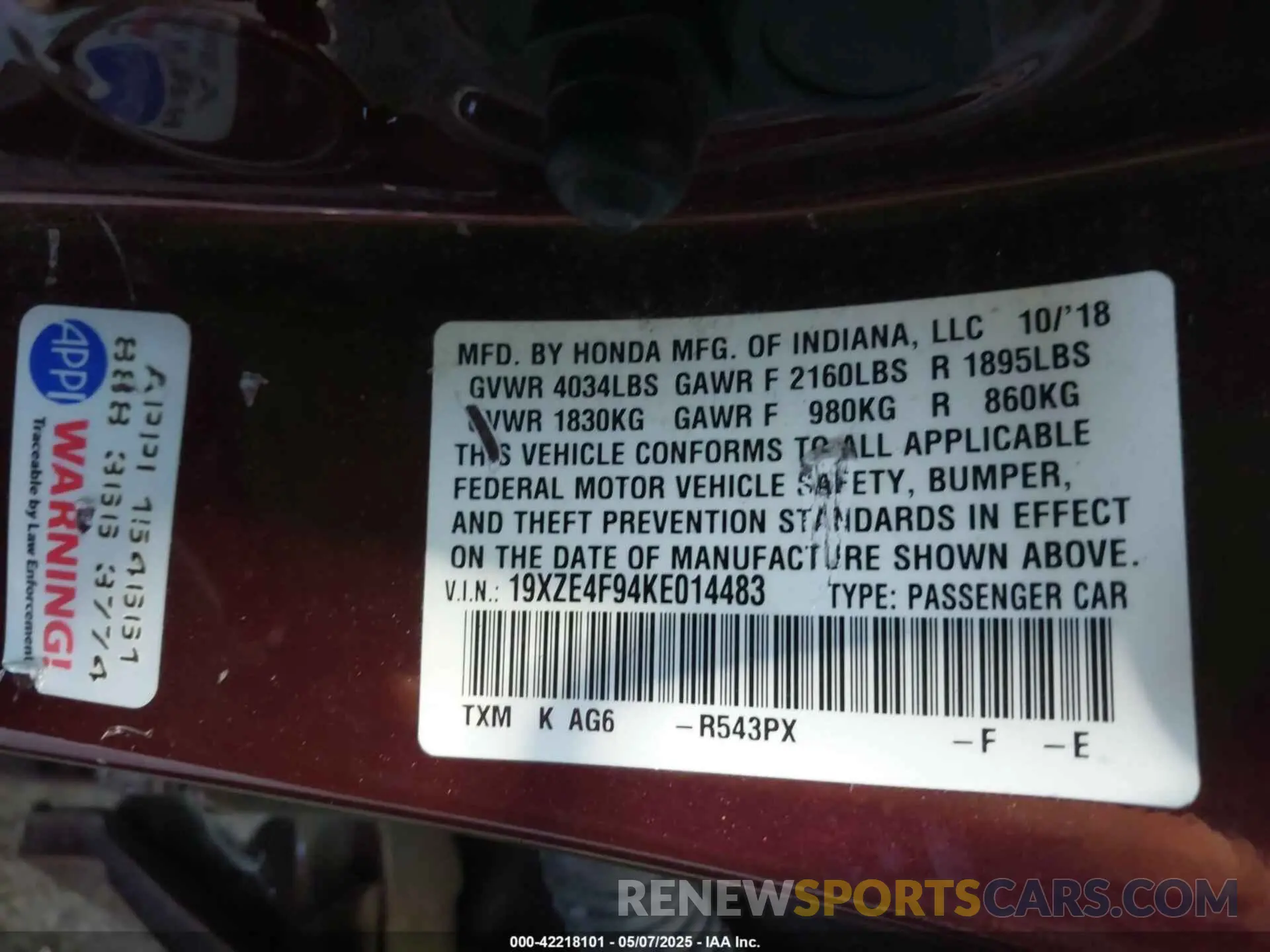 9 Photograph of a damaged car 19XZE4F94KE014483 HONDA INSIGHT 2019