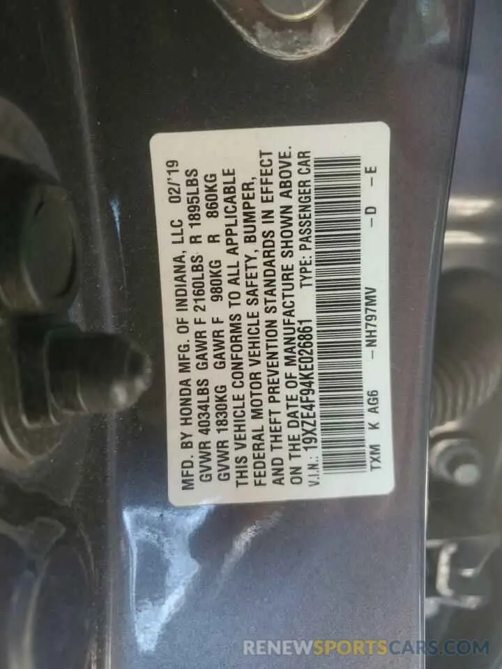 12 Photograph of a damaged car 19XZE4F94KE026861 HONDA INSIGHT 2019