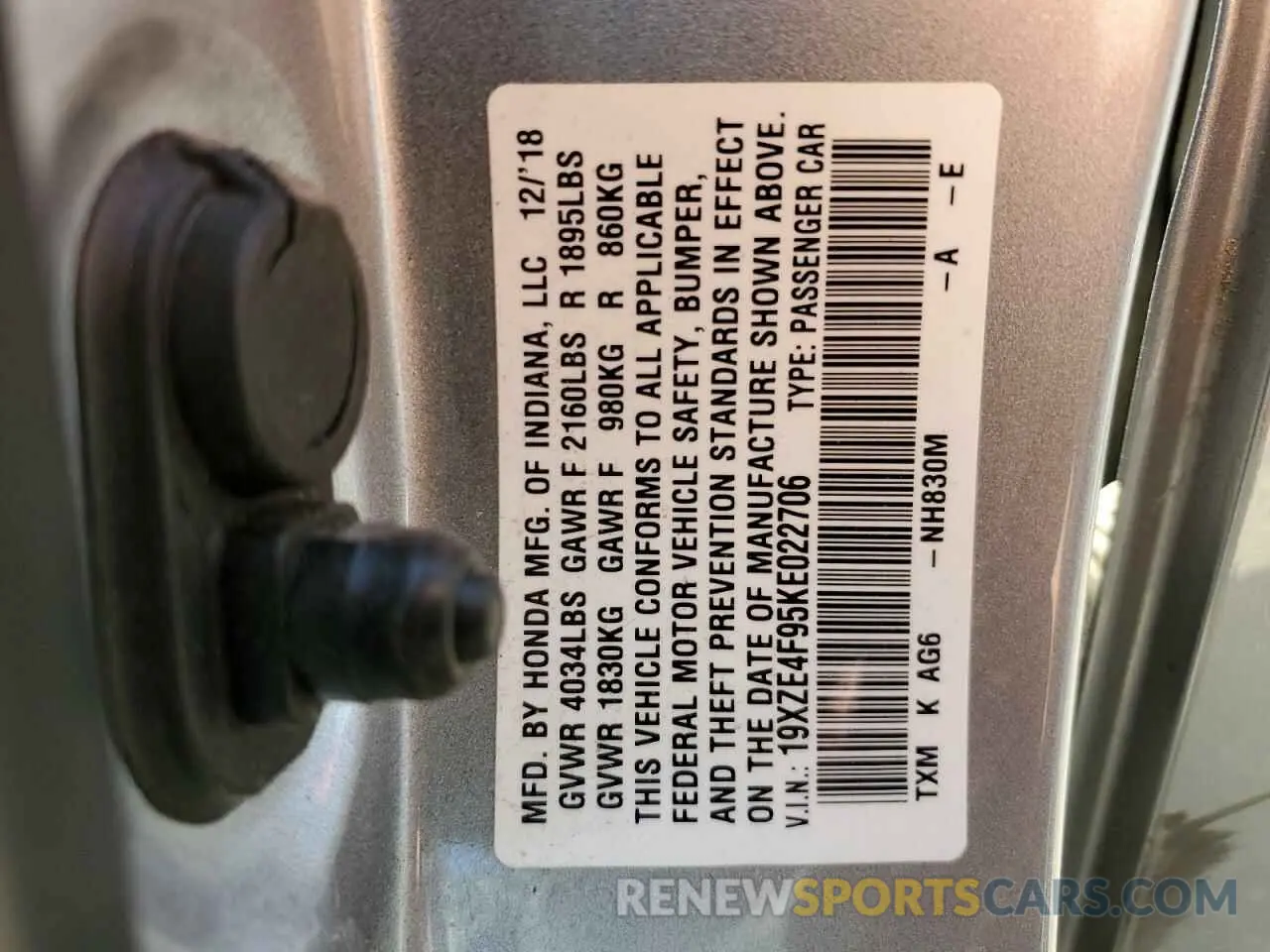 12 Photograph of a damaged car 19XZE4F95KE022706 HONDA INSIGHT 2019