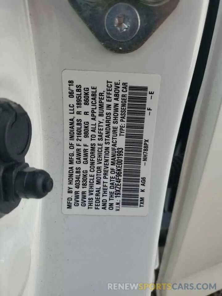 12 Photograph of a damaged car 19XZE4F96KE001993 HONDA INSIGHT 2019
