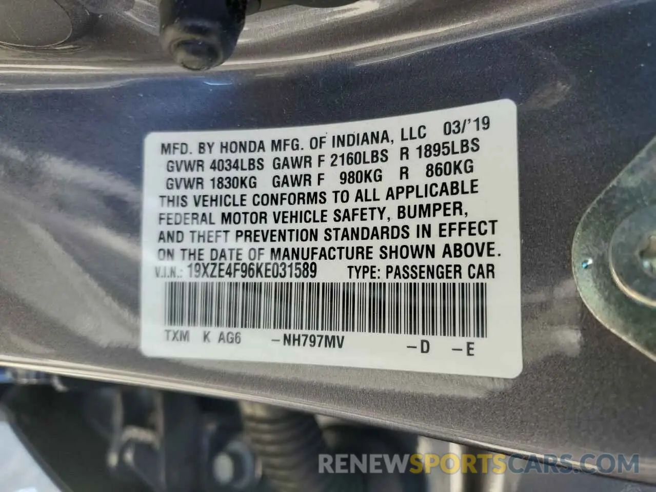 12 Photograph of a damaged car 19XZE4F96KE031589 HONDA INSIGHT 2019