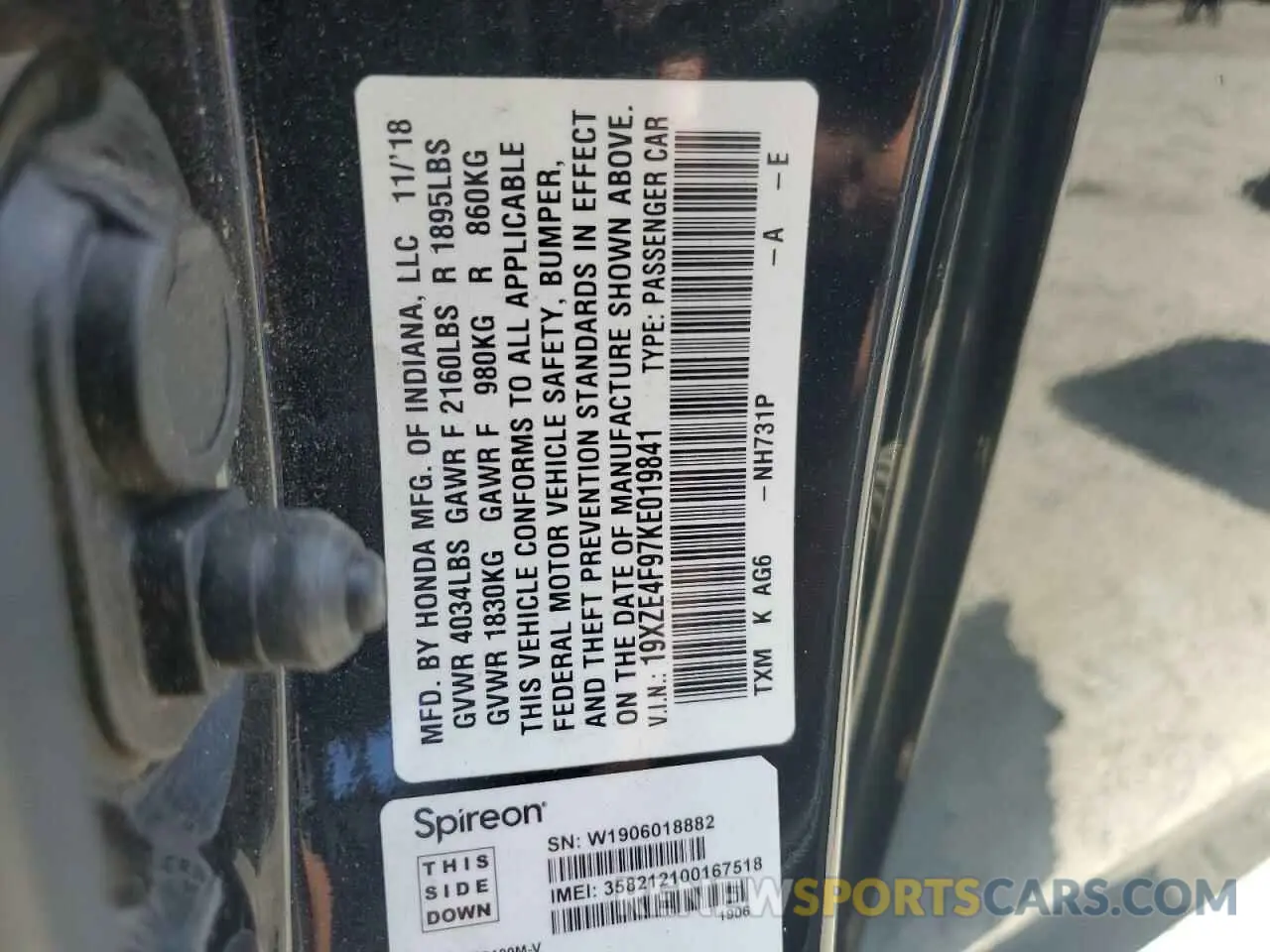 12 Photograph of a damaged car 19XZE4F97KE019841 HONDA INSIGHT 2019