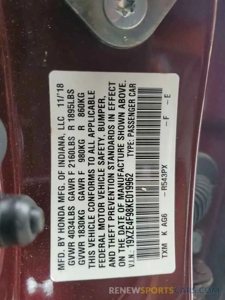 12 Photograph of a damaged car 19XZE4F98KE019962 HONDA INSIGHT 2019
