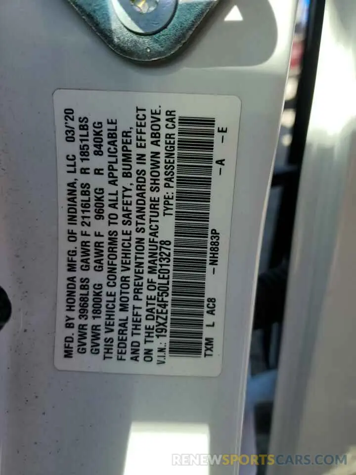 13 Photograph of a damaged car 19XZE4F50LE013278 HONDA INSIGHT 2020