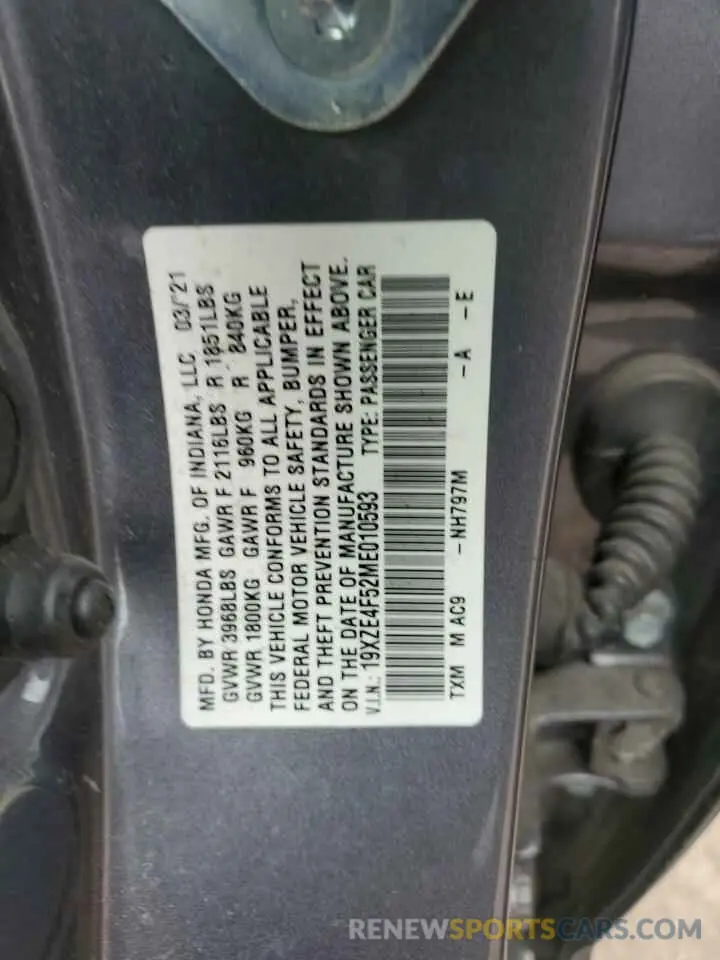 12 Photograph of a damaged car 19XZE4F52ME010593 HONDA INSIGHT 2021