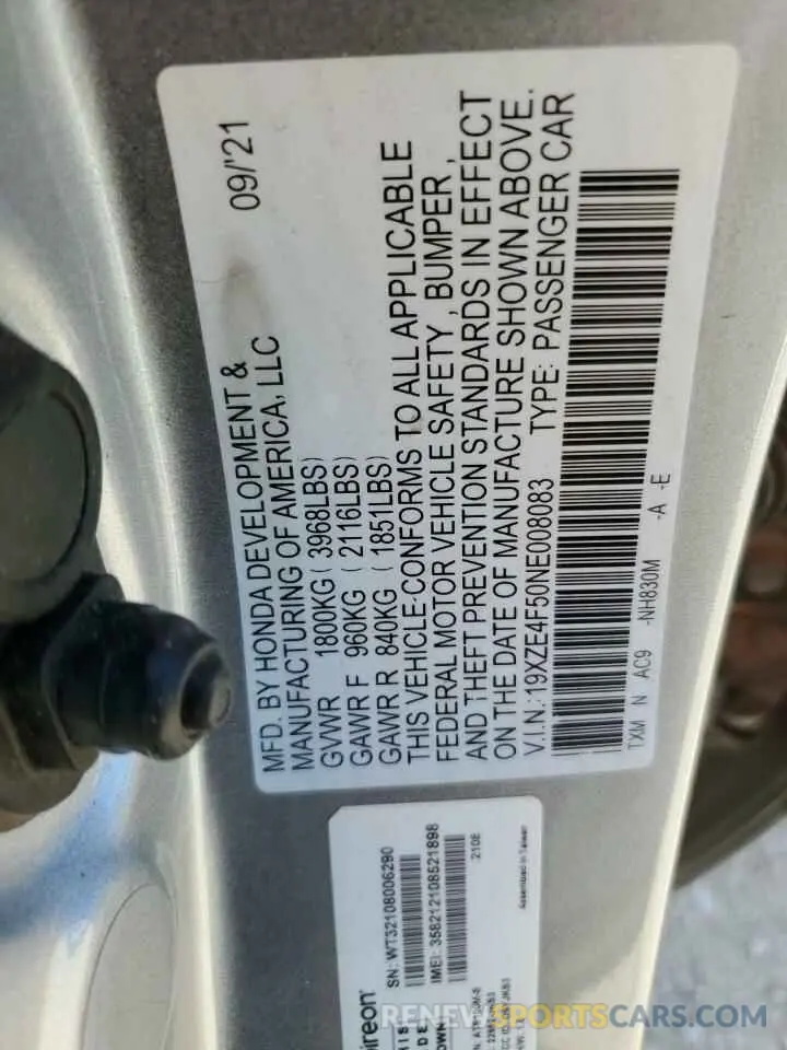 12 Photograph of a damaged car 19XZE4F50NE008083 HONDA INSIGHT 2022