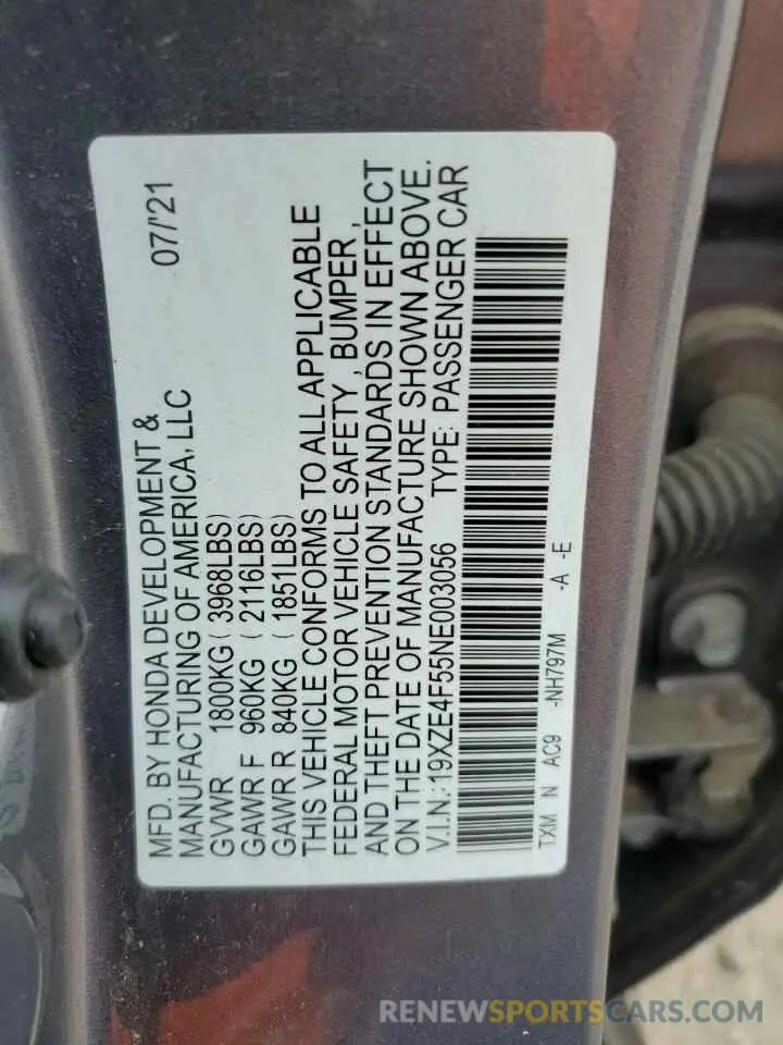 12 Photograph of a damaged car 19XZE4F55NE003056 HONDA INSIGHT 2022
