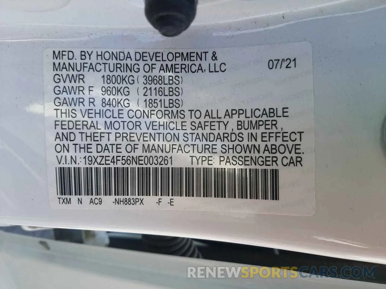 14 Photograph of a damaged car 19XZE4F56NE003261 HONDA INSIGHT 2022