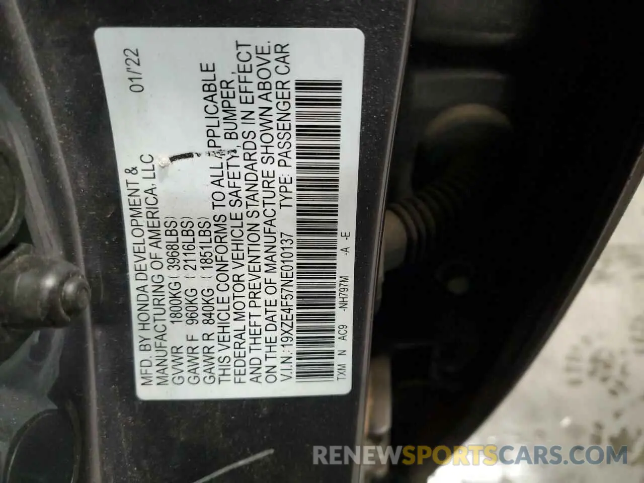 13 Photograph of a damaged car 19XZE4F57NE010137 HONDA INSIGHT 2022