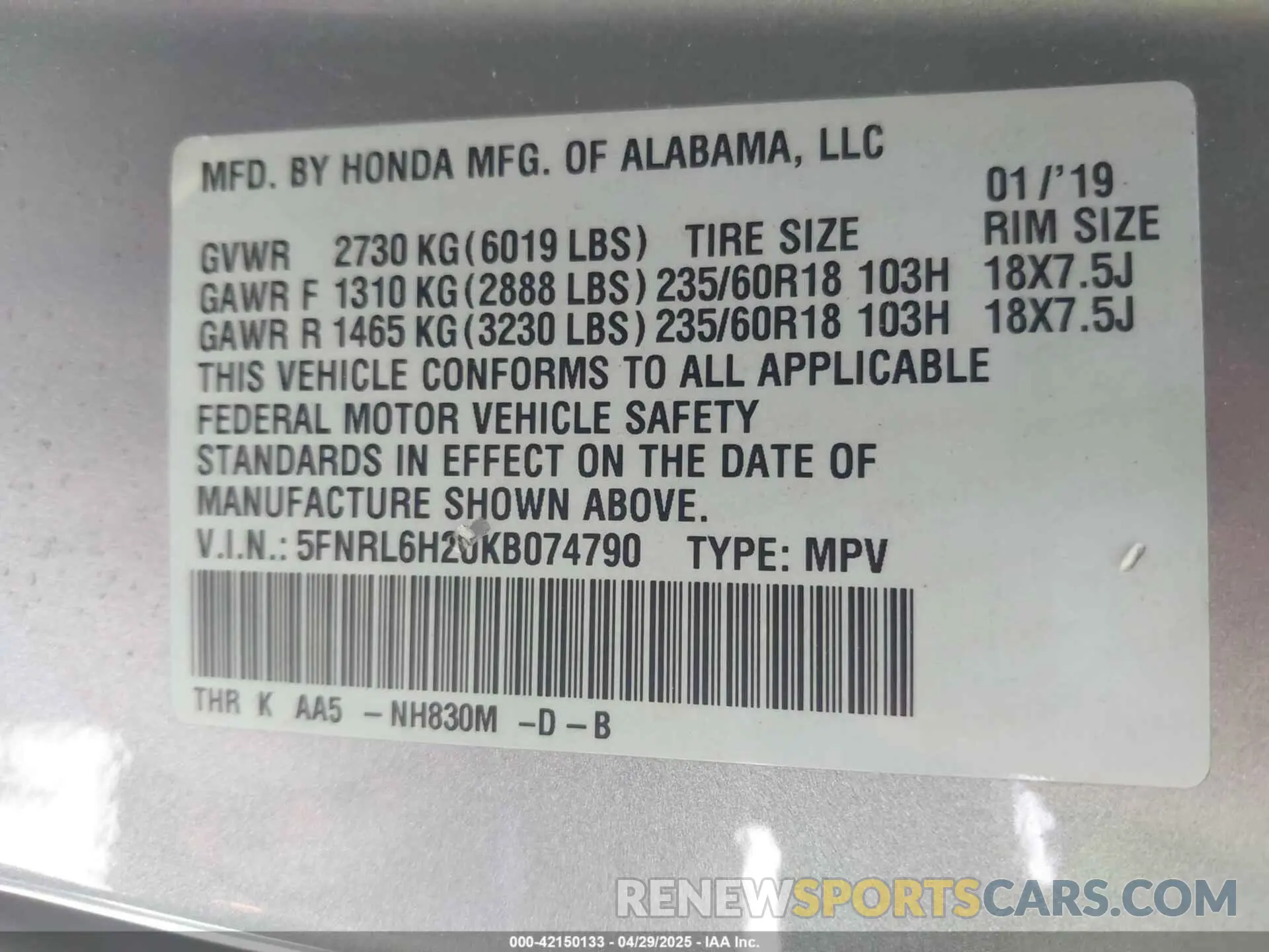 9 Photograph of a damaged car 5FNRL6H20KB074790 HONDA ODYSSEY 2019