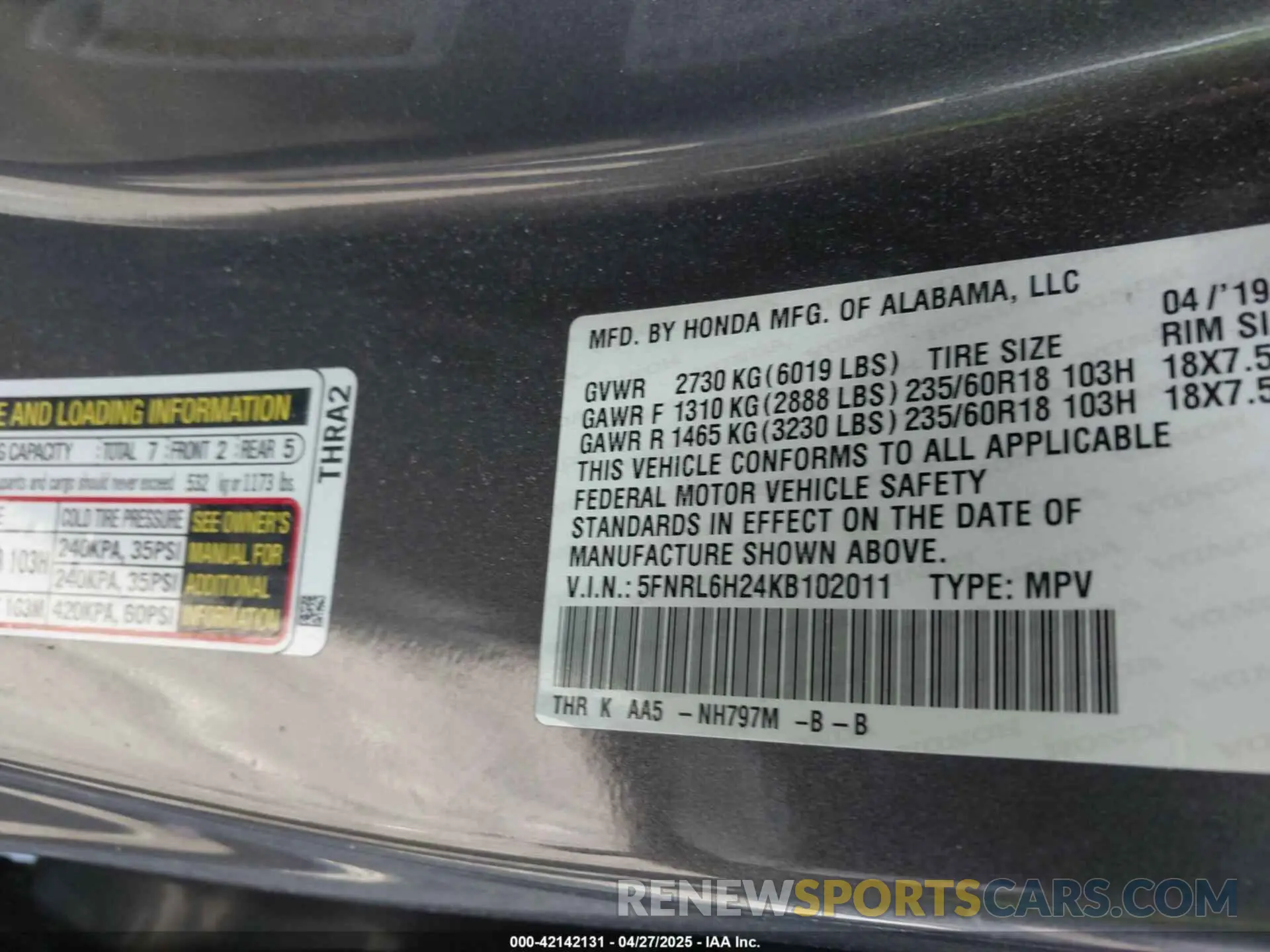 9 Photograph of a damaged car 5FNRL6H24KB102011 HONDA ODYSSEY 2019