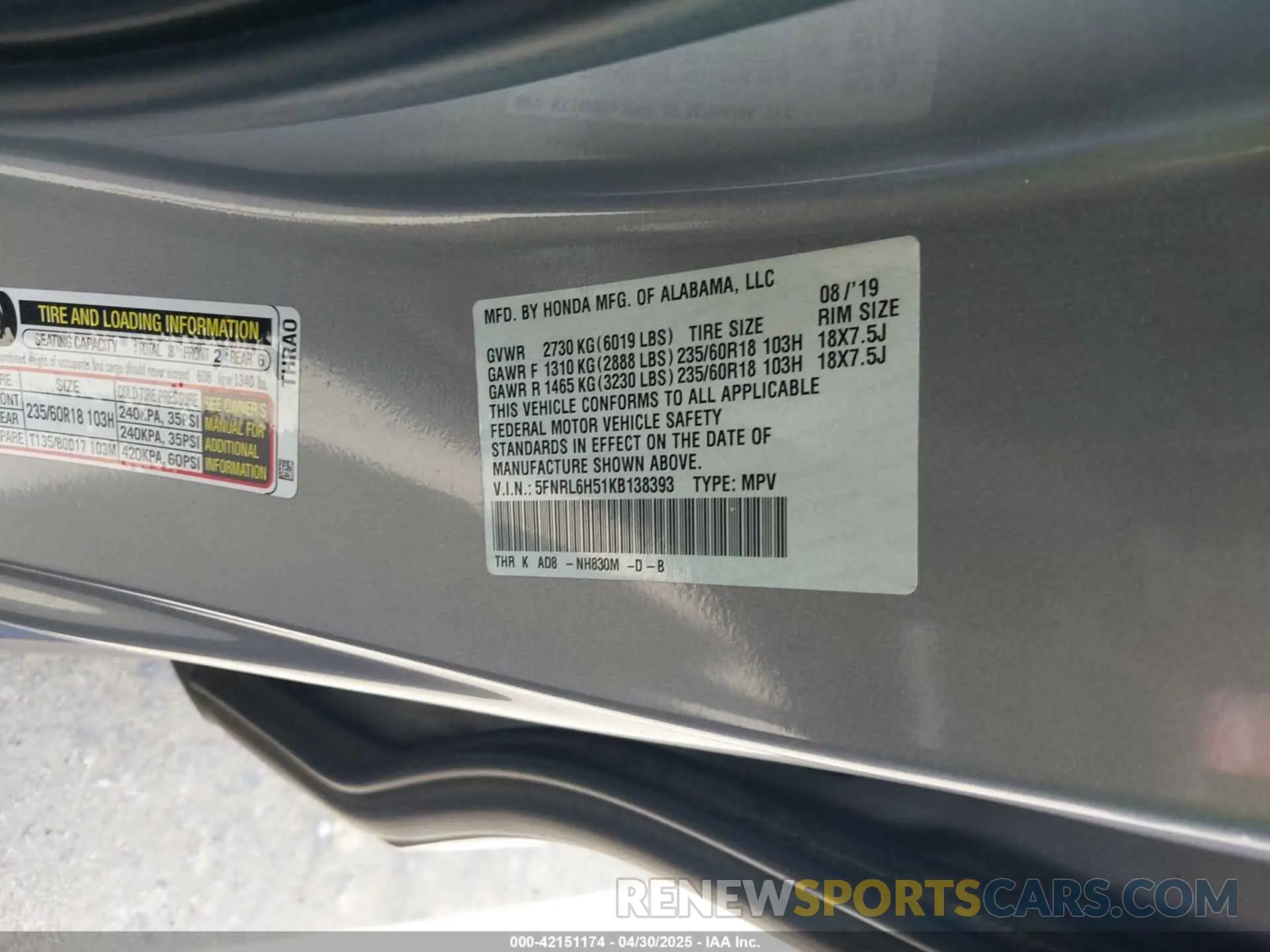 9 Photograph of a damaged car 5FNRL6H51KB138393 HONDA ODYSSEY 2019