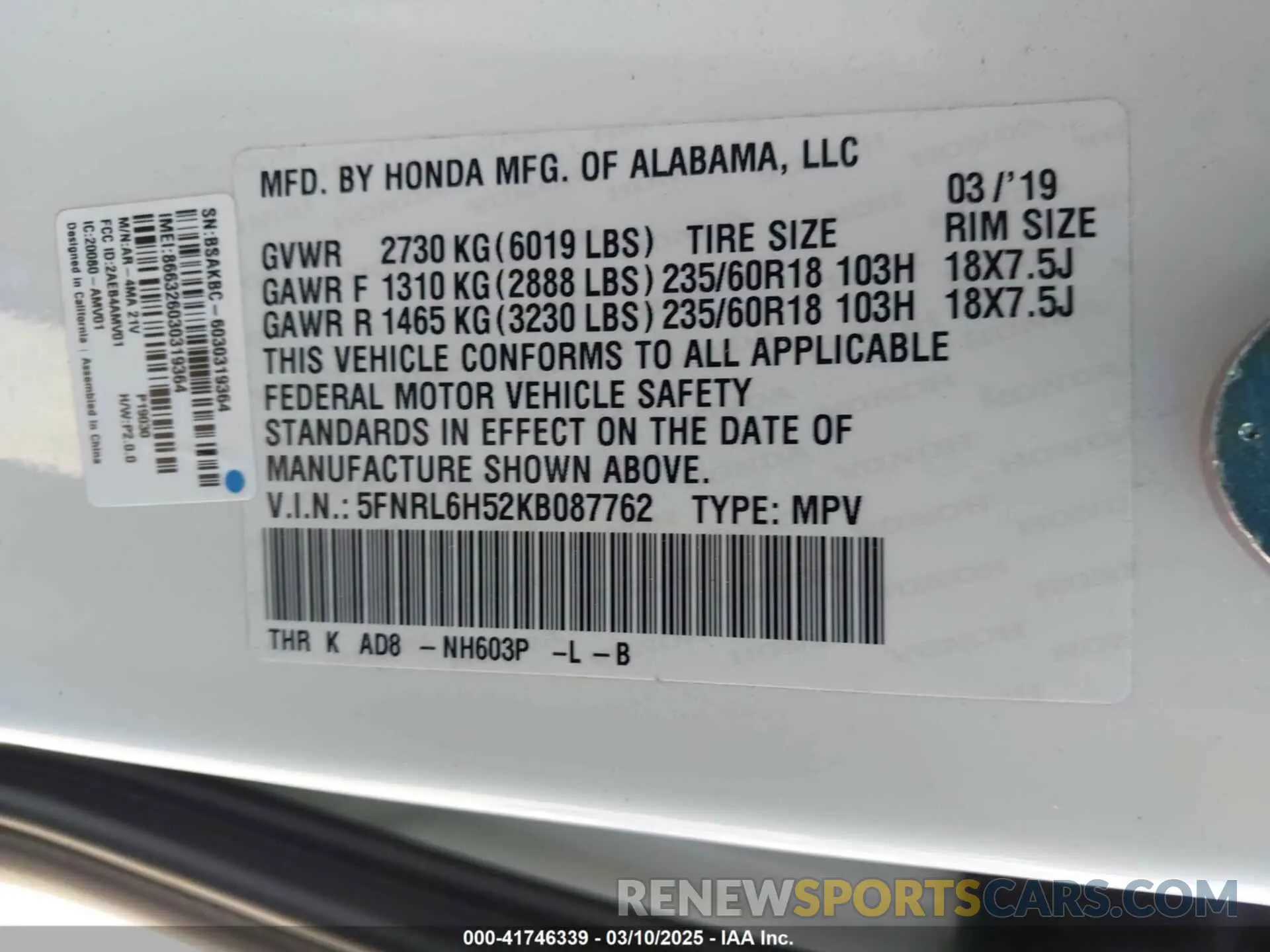 9 Photograph of a damaged car 5FNRL6H52KB087762 HONDA ODYSSEY 2019