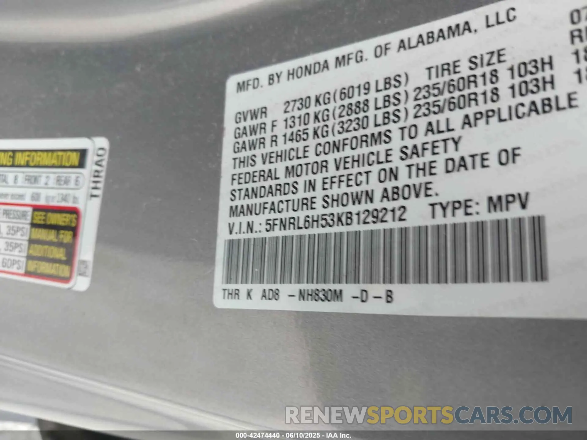 9 Photograph of a damaged car 5FNRL6H53KB129212 HONDA ODYSSEY 2019