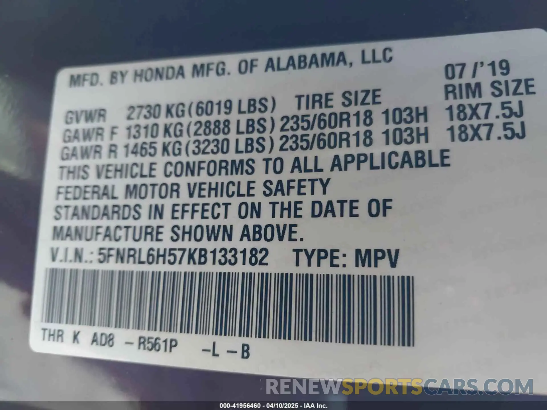 9 Photograph of a damaged car 5FNRL6H57KB133182 HONDA ODYSSEY 2019