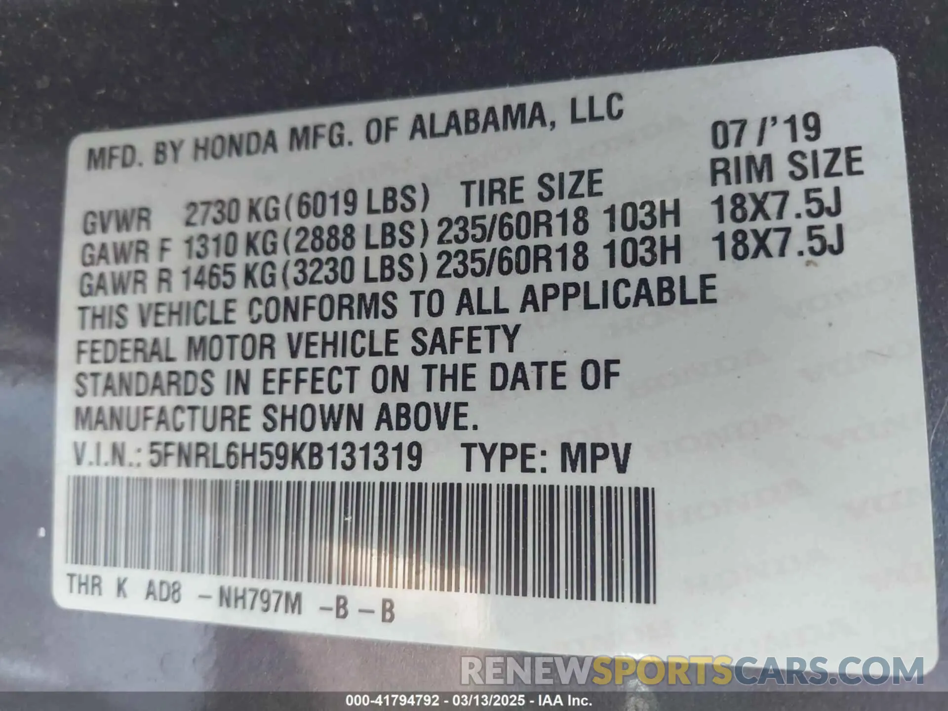 9 Photograph of a damaged car 5FNRL6H59KB131319 HONDA ODYSSEY 2019