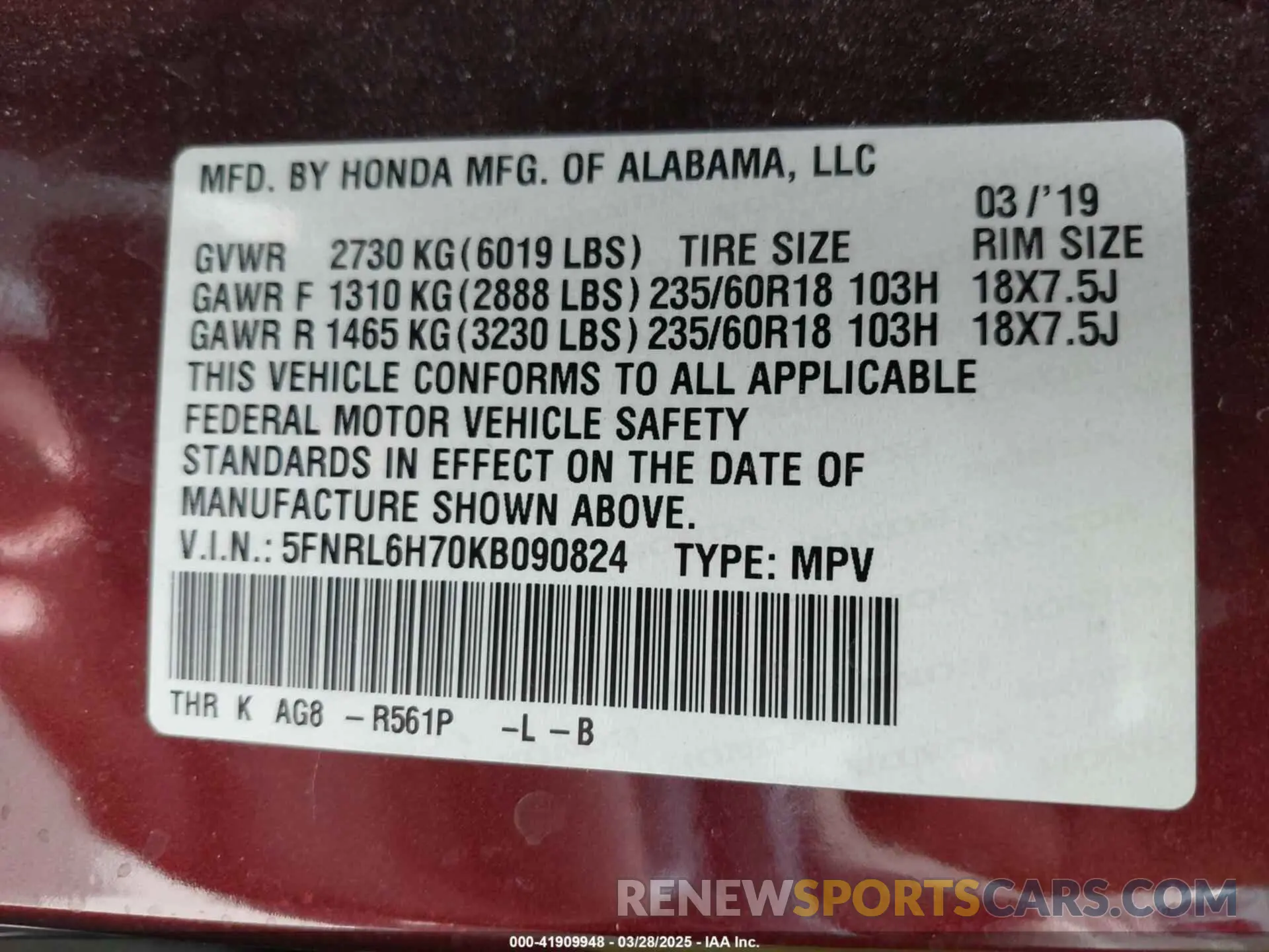 9 Photograph of a damaged car 5FNRL6H70KB090824 HONDA ODYSSEY 2019