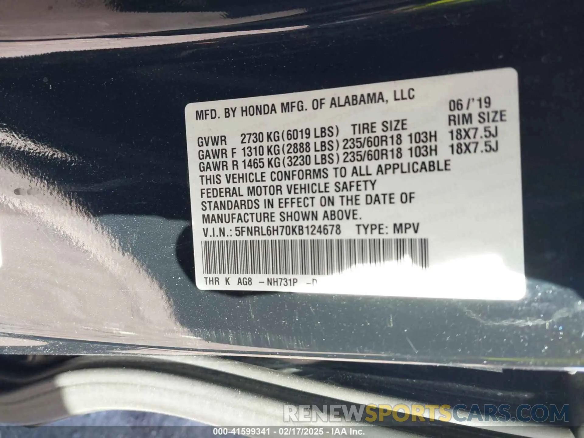9 Photograph of a damaged car 5FNRL6H70KB124678 HONDA ODYSSEY 2019