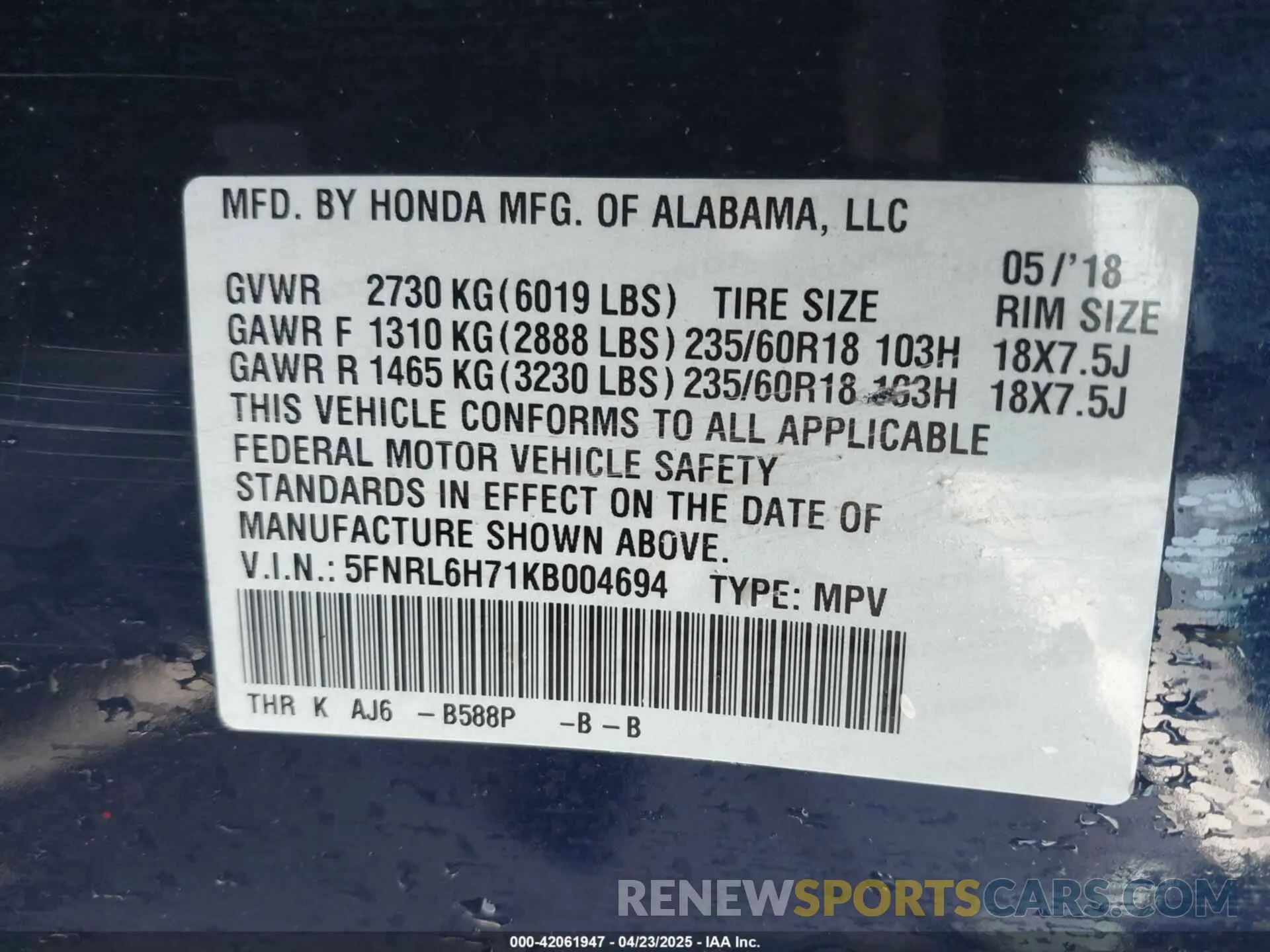 9 Photograph of a damaged car 5FNRL6H71KB004694 HONDA ODYSSEY 2019