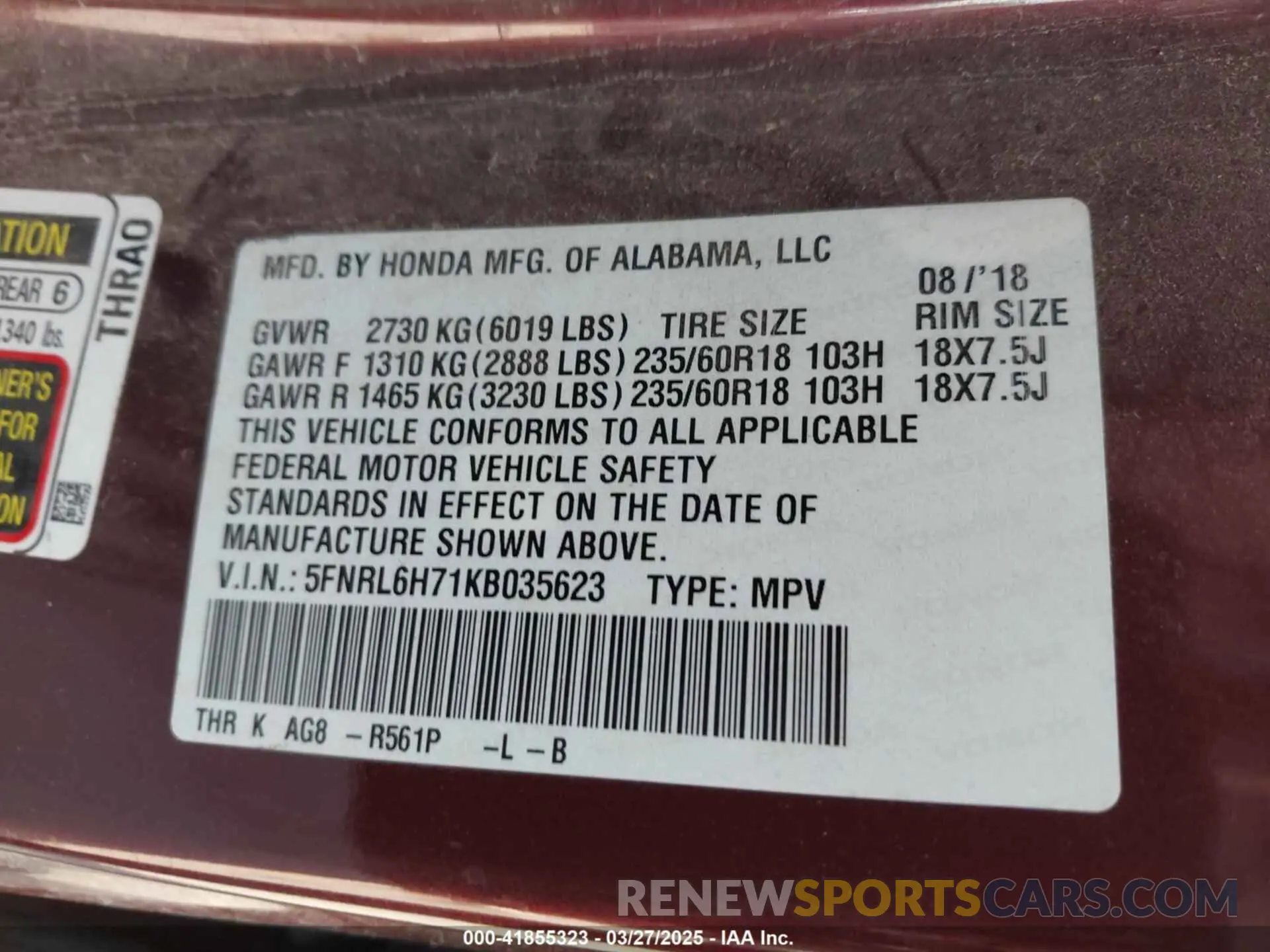 9 Photograph of a damaged car 5FNRL6H71KB035623 HONDA ODYSSEY 2019