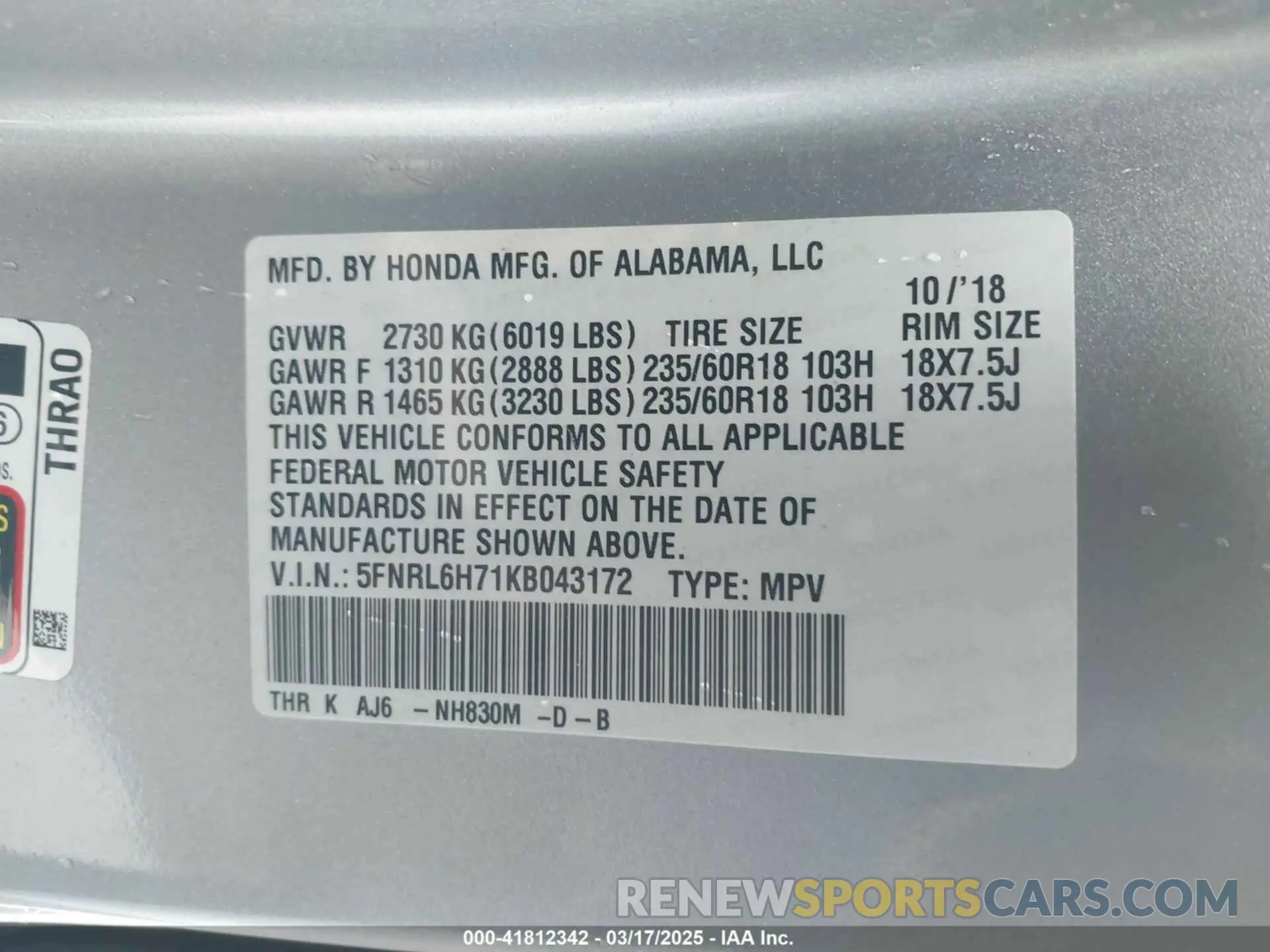 9 Photograph of a damaged car 5FNRL6H71KB043172 HONDA ODYSSEY 2019