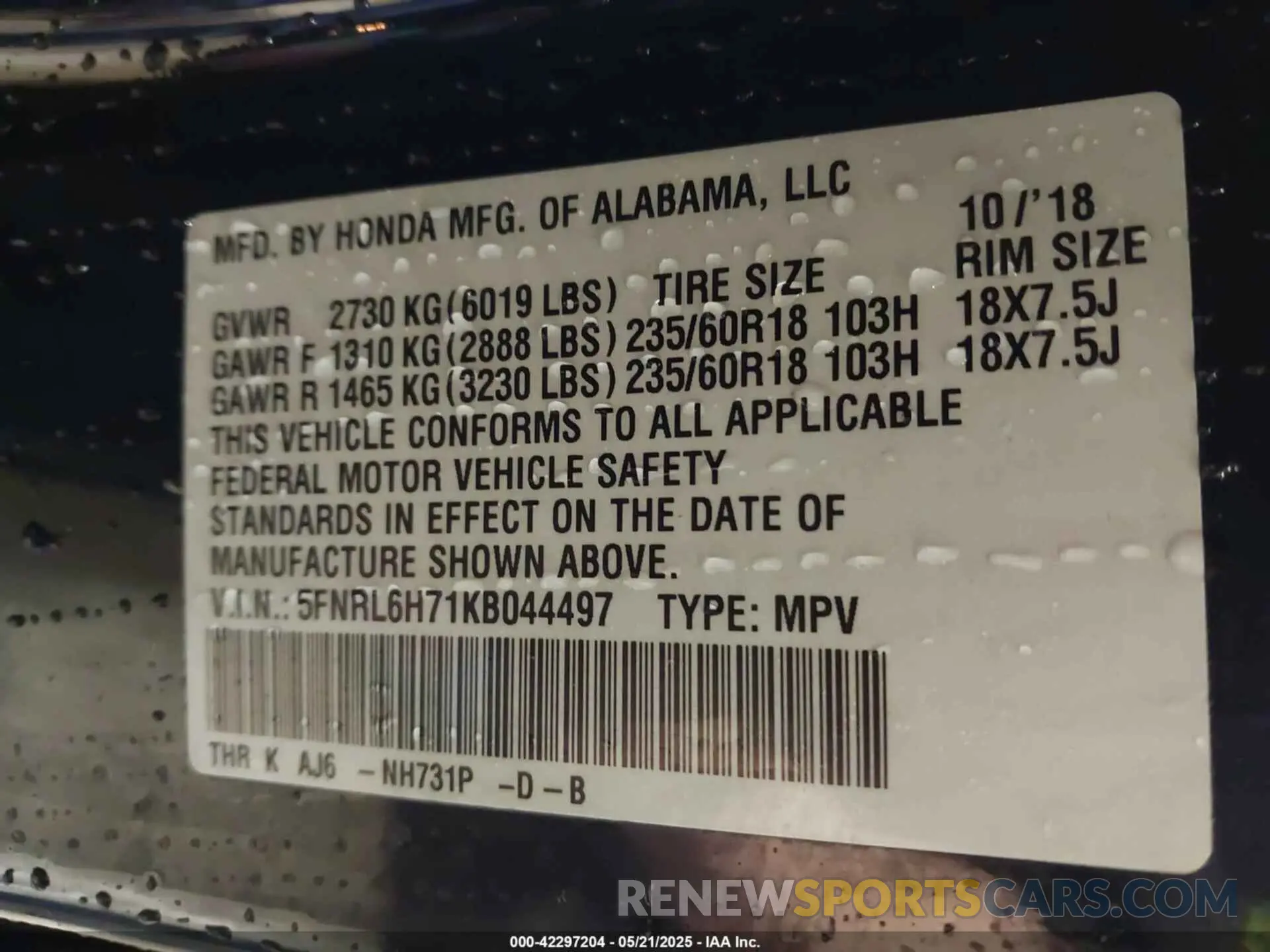 9 Photograph of a damaged car 5FNRL6H71KB044497 HONDA ODYSSEY 2019