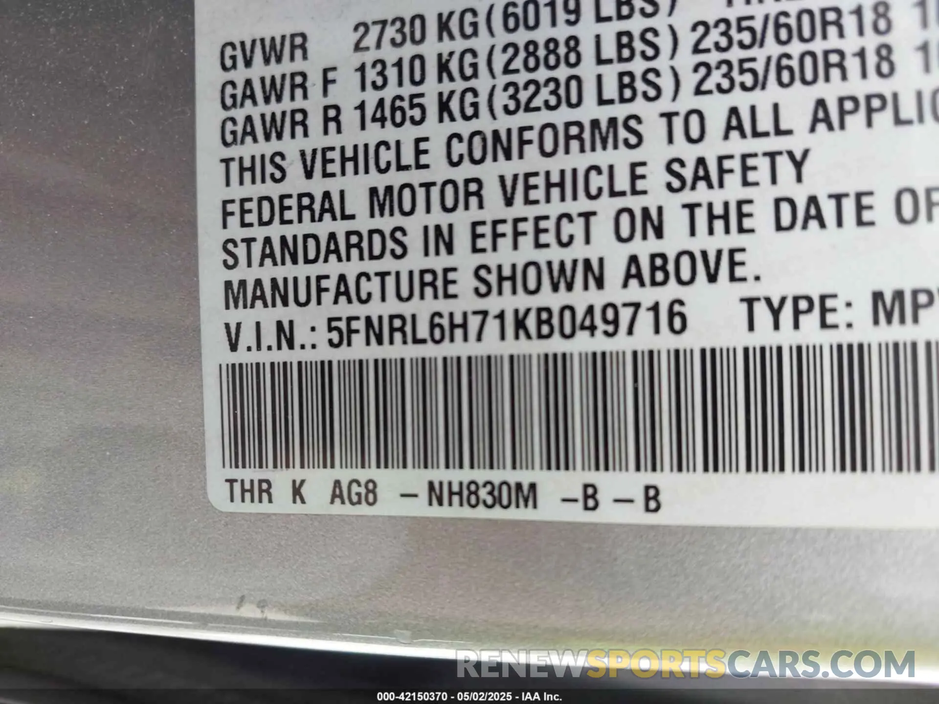 9 Photograph of a damaged car 5FNRL6H71KB049716 HONDA ODYSSEY 2019