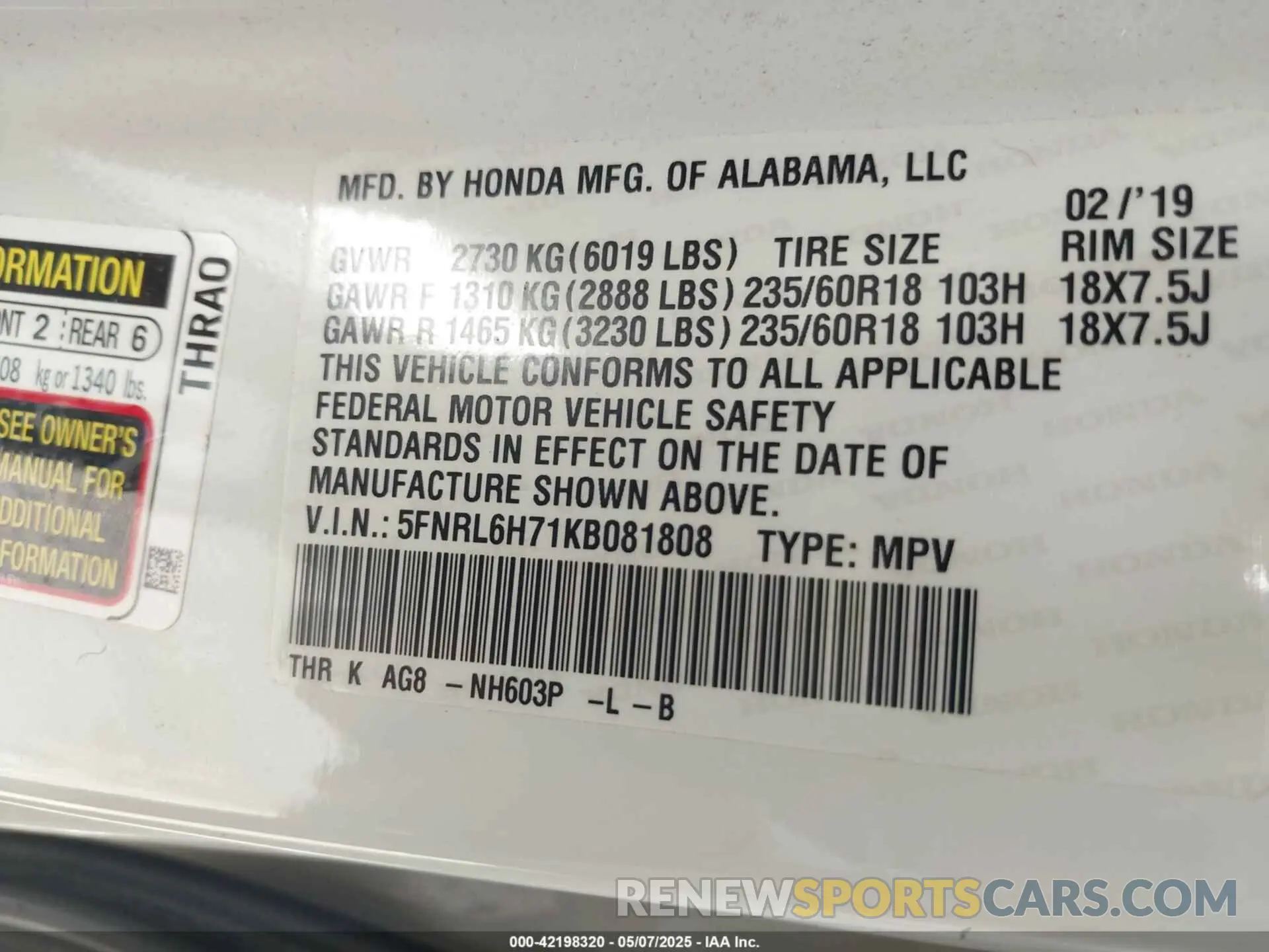 9 Photograph of a damaged car 5FNRL6H71KB081808 HONDA ODYSSEY 2019
