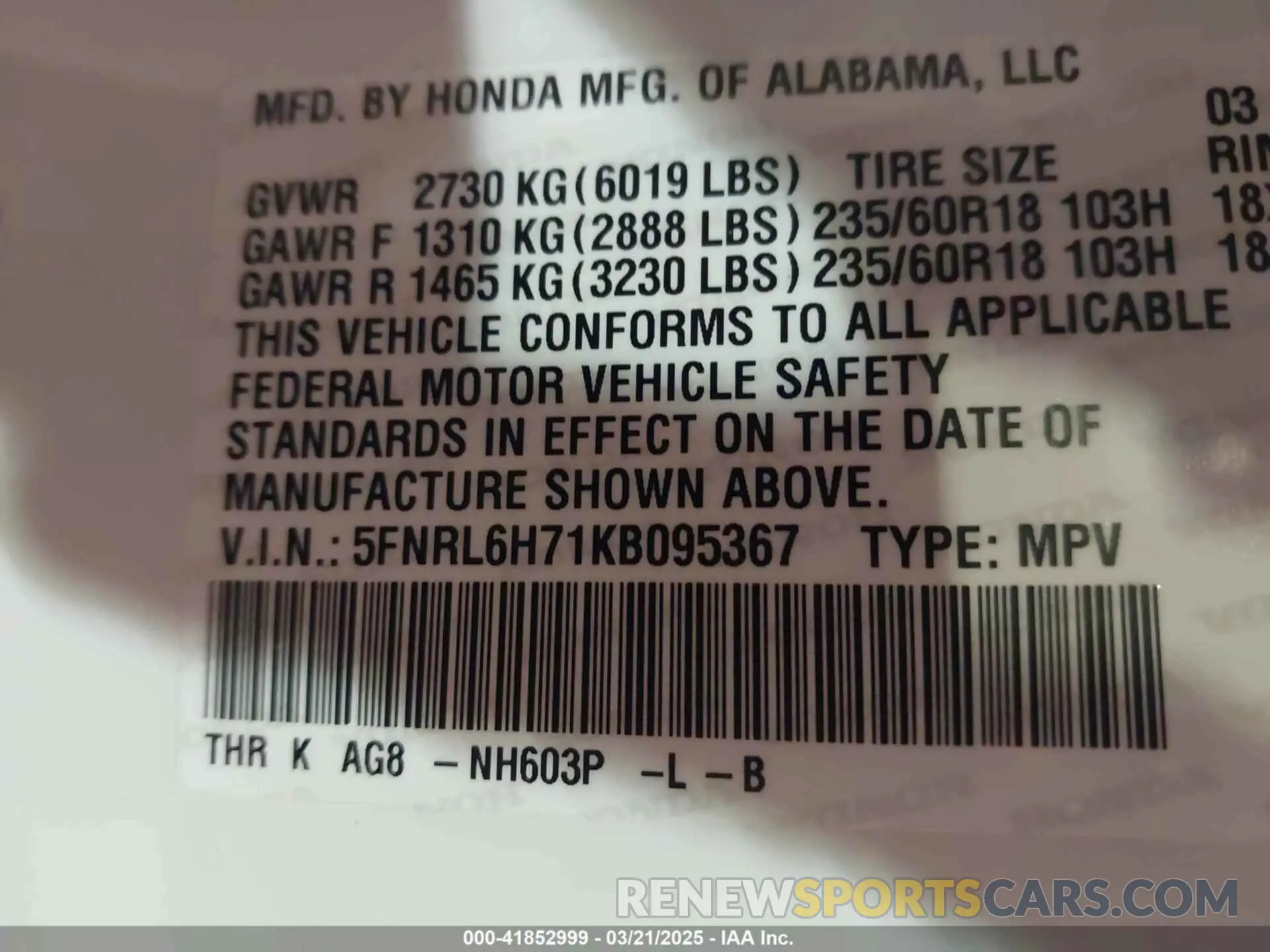 9 Photograph of a damaged car 5FNRL6H71KB095367 HONDA ODYSSEY 2019
