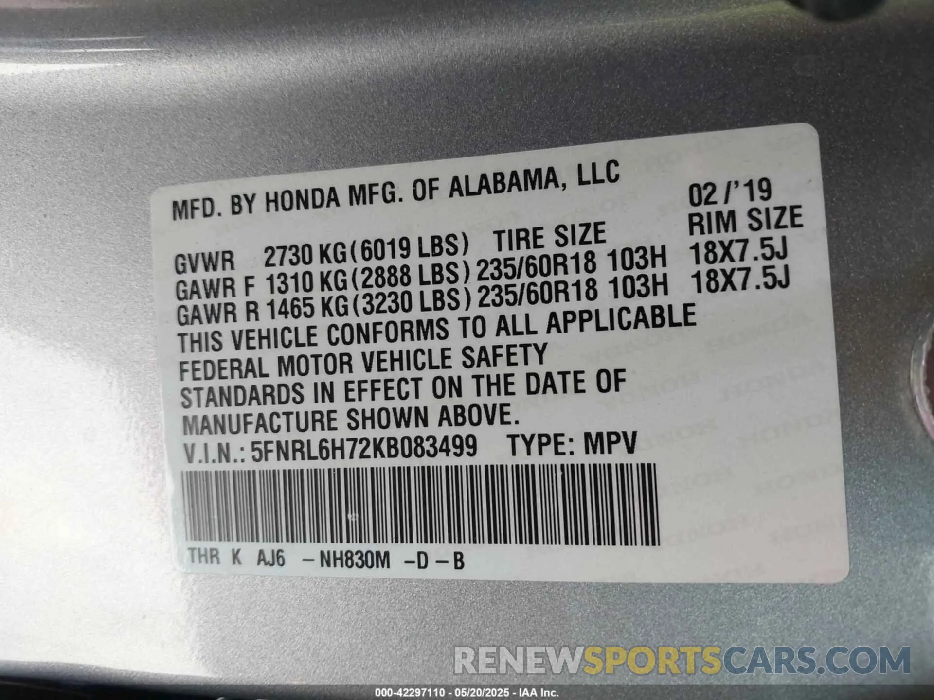 9 Photograph of a damaged car 5FNRL6H72KB083499 HONDA ODYSSEY 2019