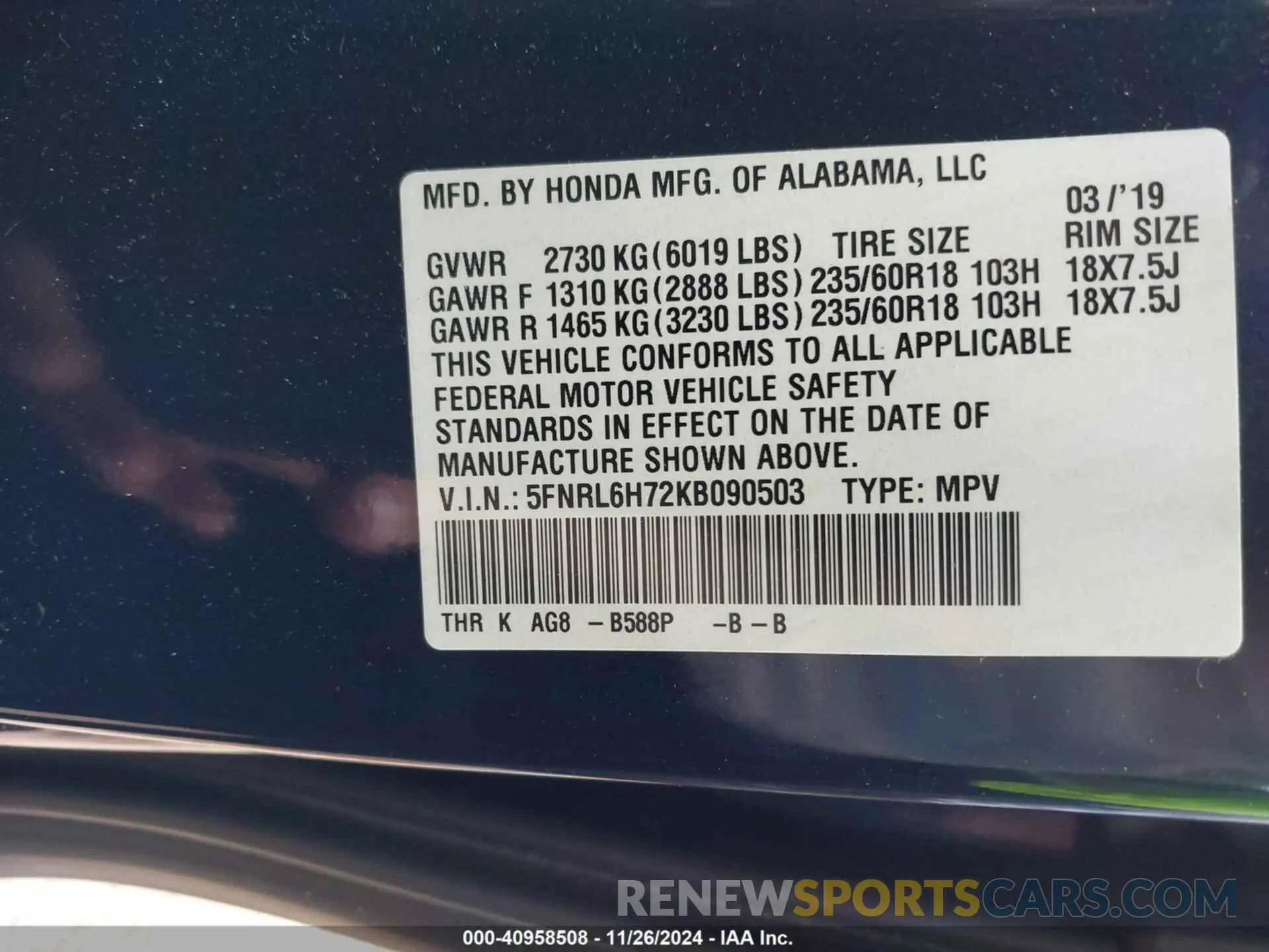 9 Photograph of a damaged car 5FNRL6H72KB090503 HONDA ODYSSEY 2019