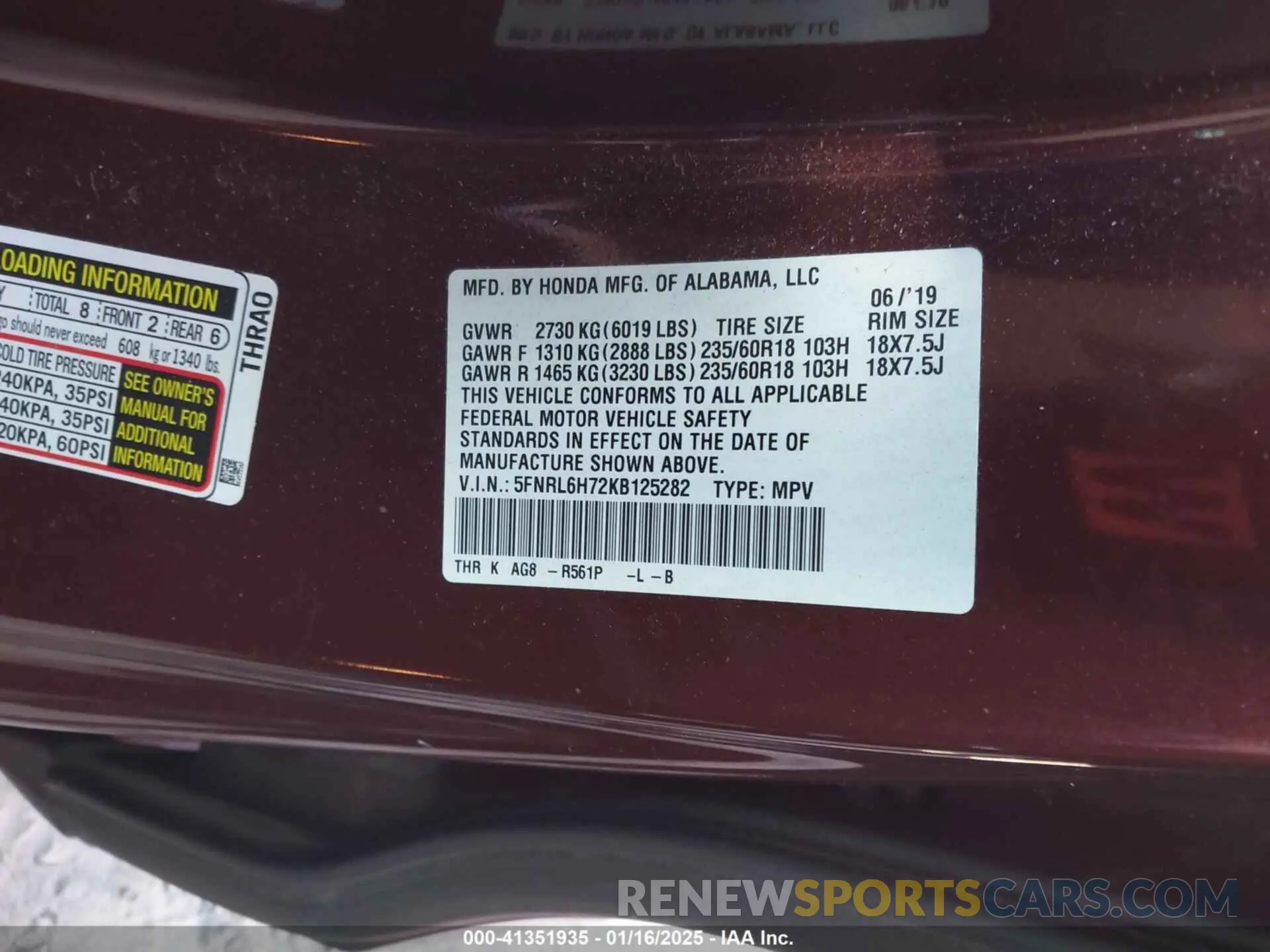9 Photograph of a damaged car 5FNRL6H72KB125282 HONDA ODYSSEY 2019