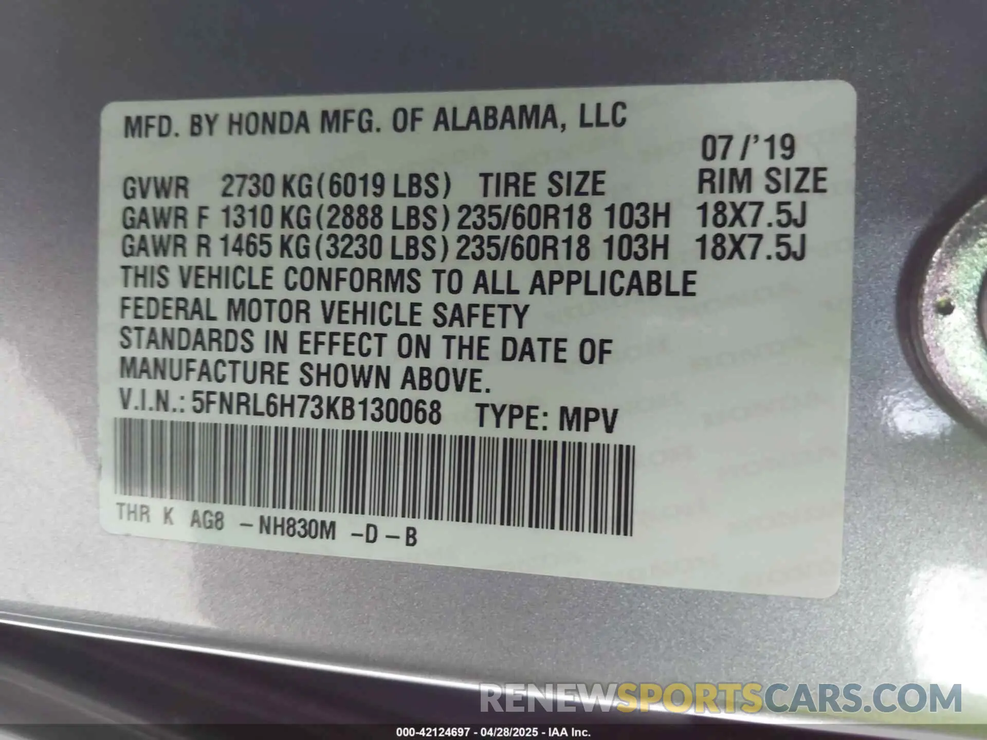 9 Photograph of a damaged car 5FNRL6H73KB130068 HONDA ODYSSEY 2019