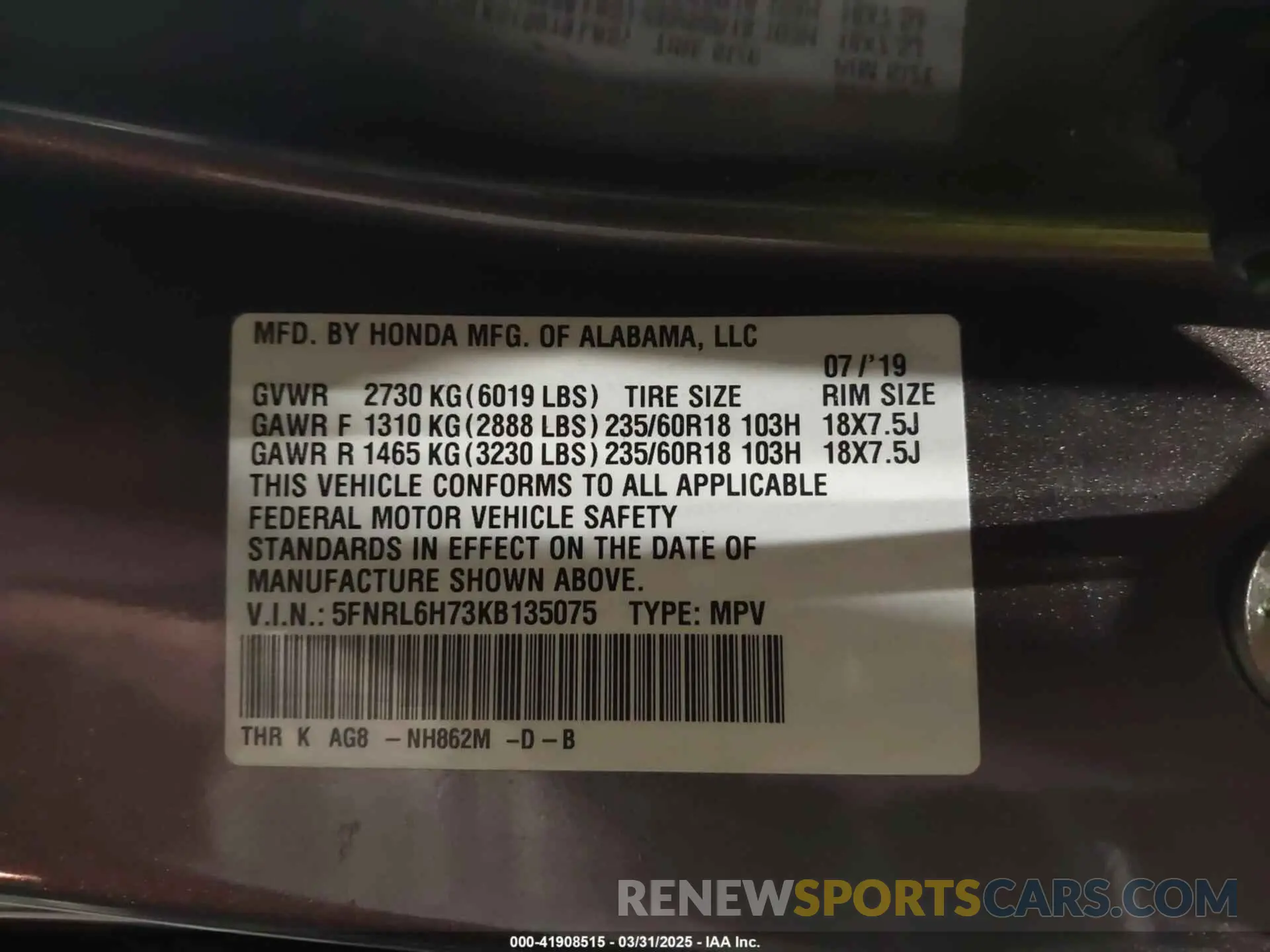 9 Photograph of a damaged car 5FNRL6H73KB135075 HONDA ODYSSEY 2019
