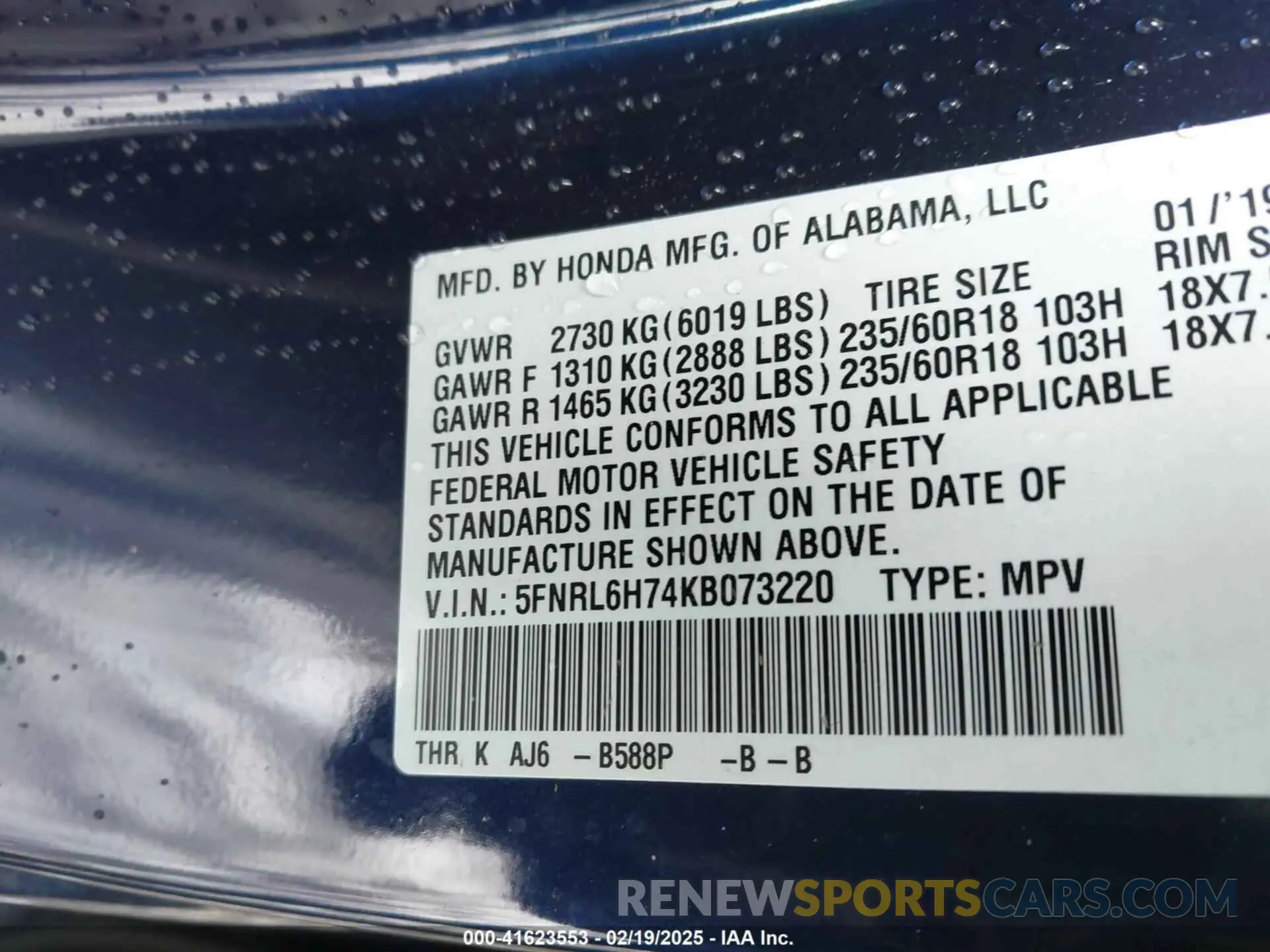 9 Photograph of a damaged car 5FNRL6H74KB073220 HONDA ODYSSEY 2019