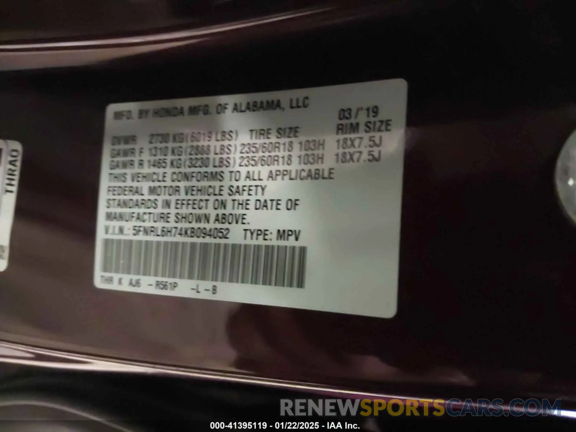 9 Photograph of a damaged car 5FNRL6H74KB094052 HONDA ODYSSEY 2019