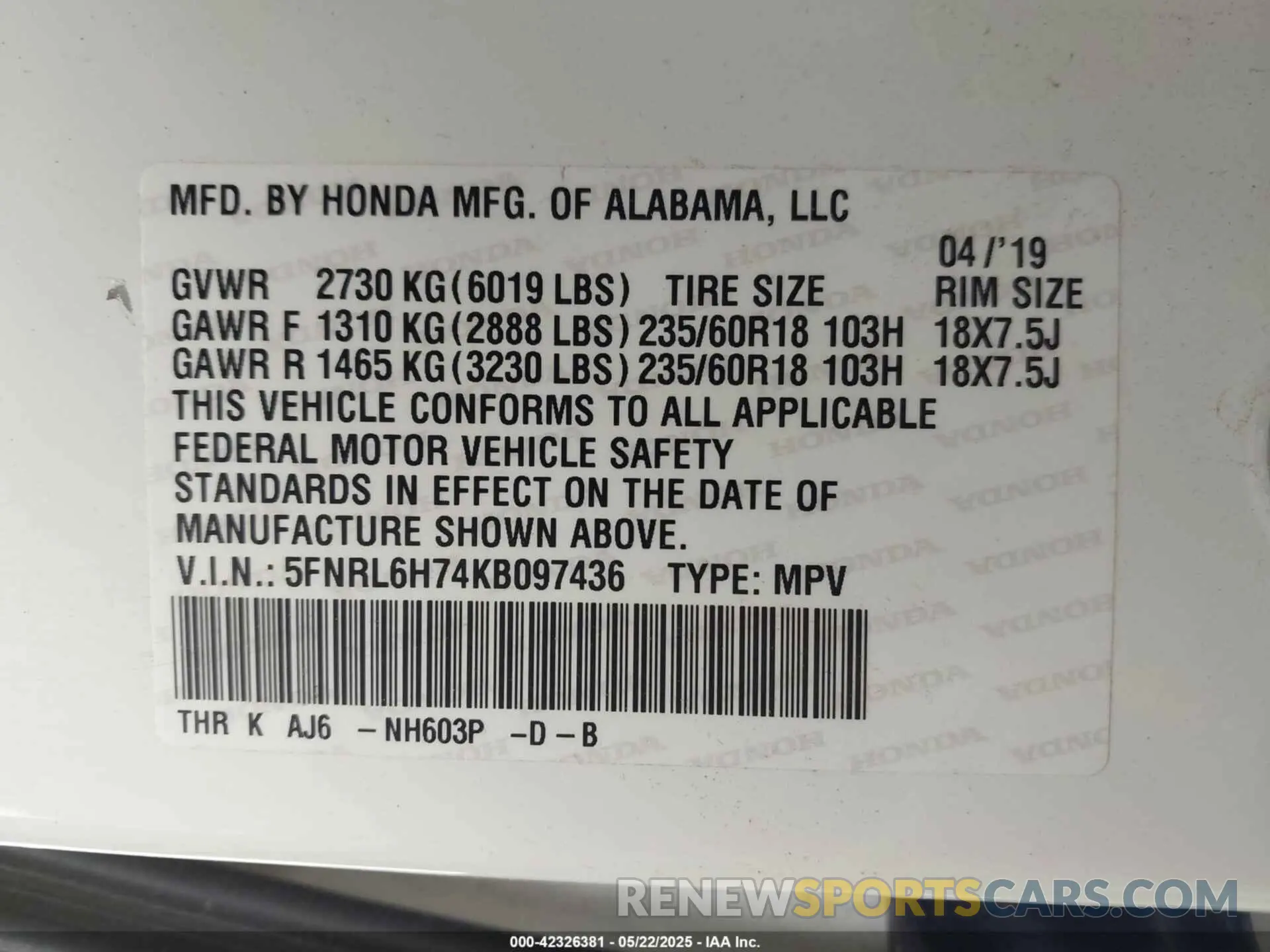 9 Photograph of a damaged car 5FNRL6H74KB097436 HONDA ODYSSEY 2019